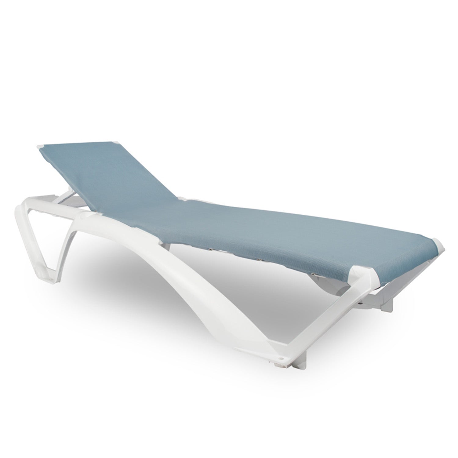 The Marina Club Sunlounger by Resol is a stylish white lounger with a light blue fabric seat. Featuring curved edges and multiple recline positions, its adjustable backrest offers perfect outdoor relaxation, crafted sustainably to rest on a clean white backdrop.