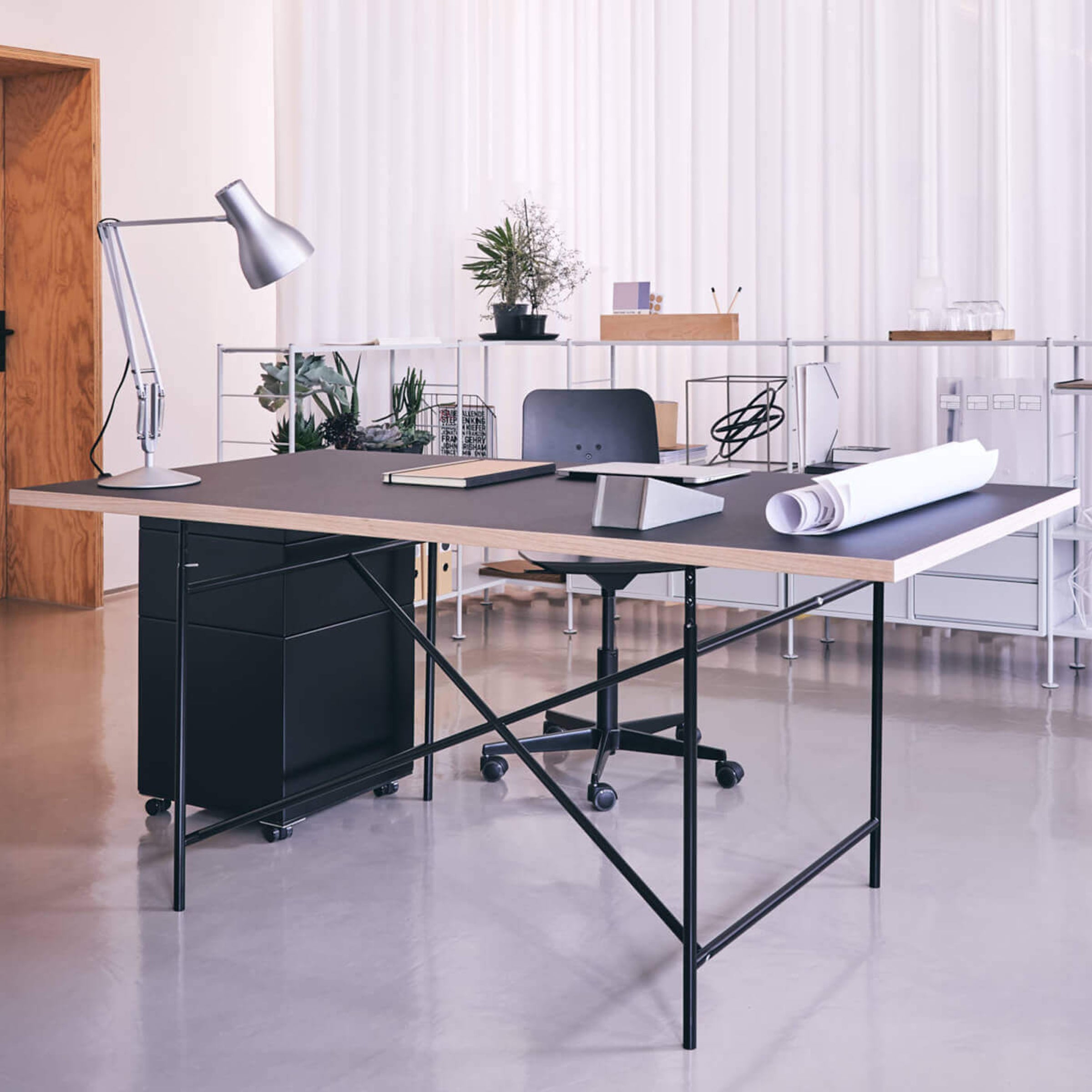 A modern office features a black desk with a Richard Lampert Eiermann 1 Table frame, enhanced by a silver desk lamp, rolled blueprints, a tablet, and notebooks. A black swivel chair is placed under the desk. The backdrop displays plants and shelves against a white curtain.