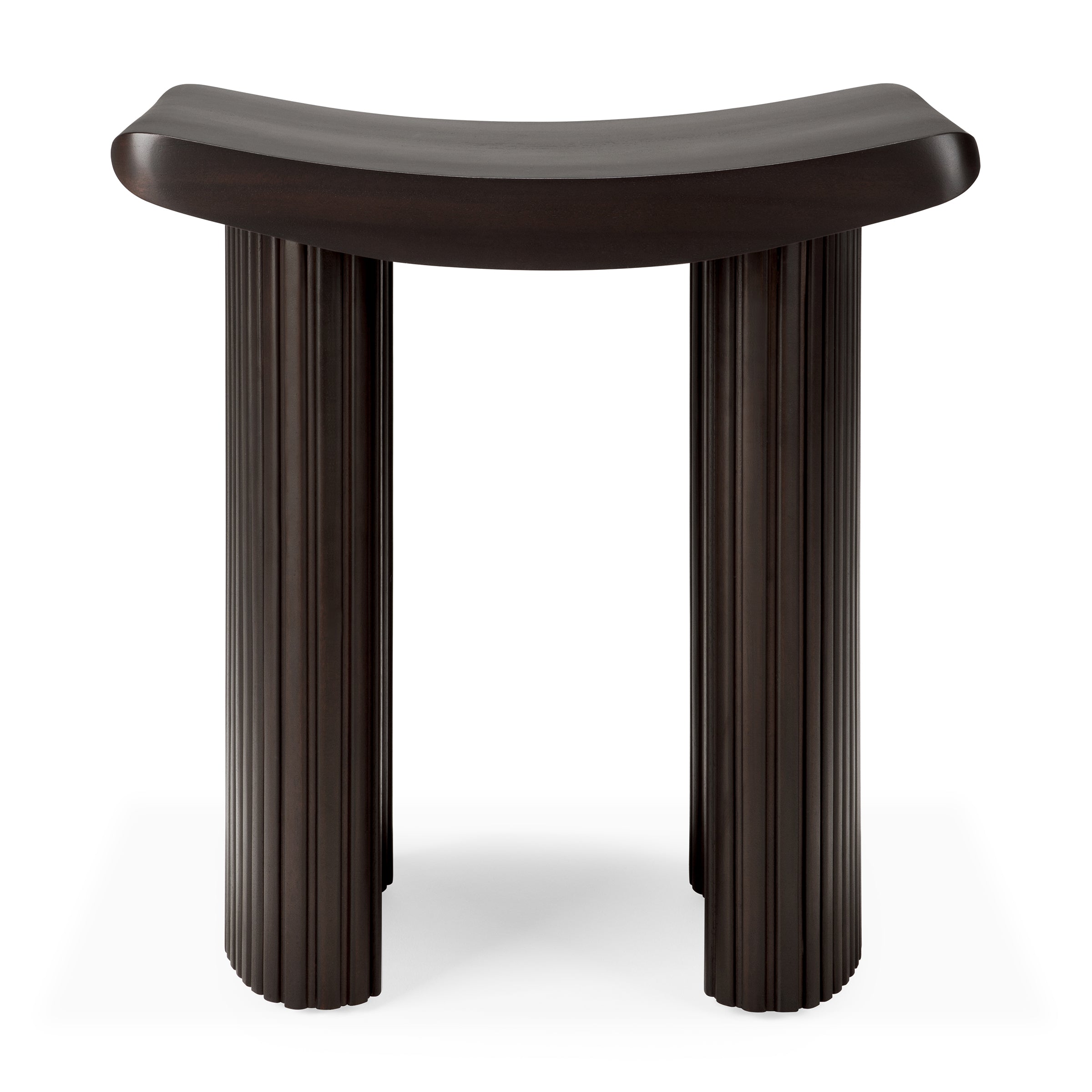 Roller Max Stool in varnished dark brown mahogany wood with stacked wood-stick effect and curved seat design.