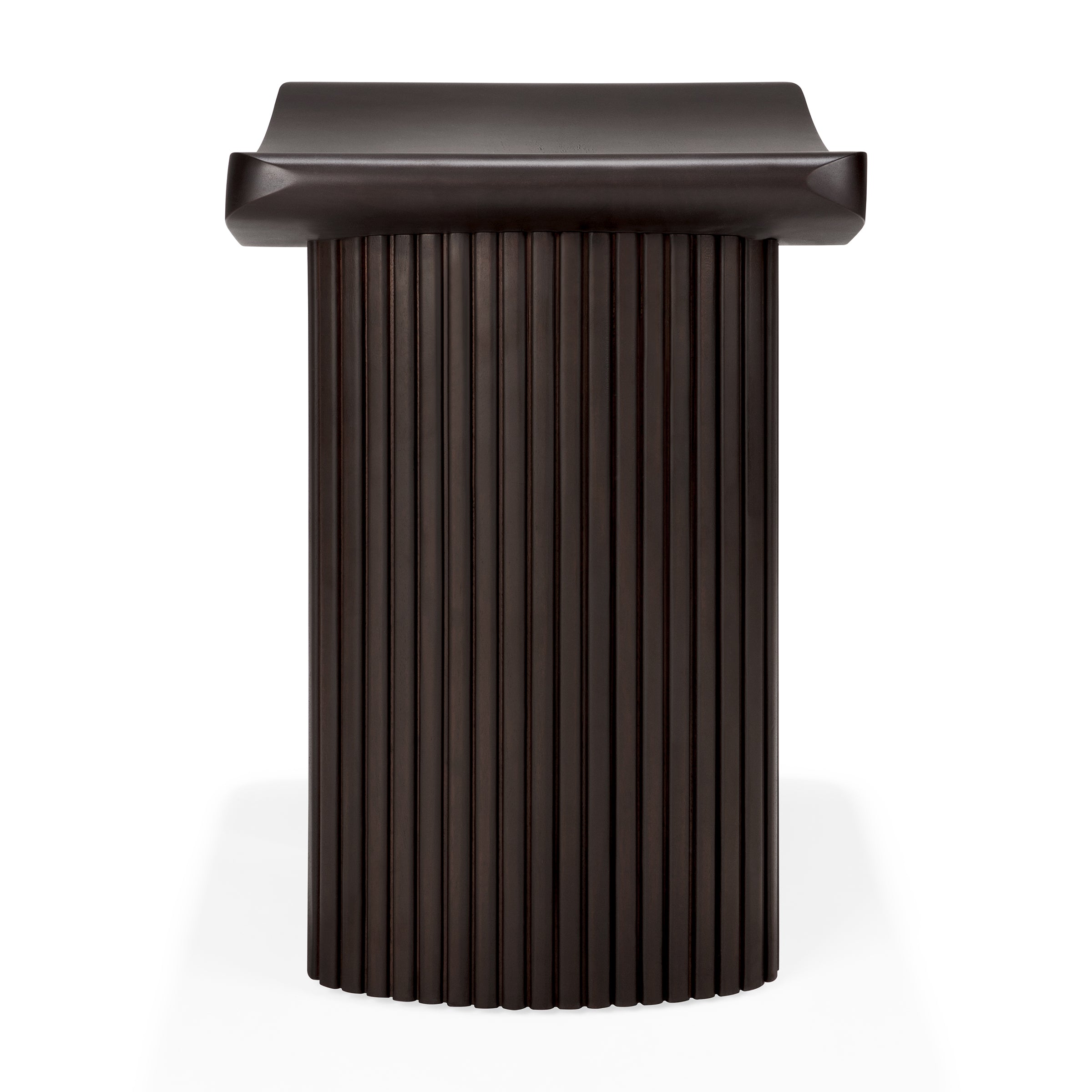 Roller Max Stool in varnished dark brown mahogany with stacked wood-stick design and compact seat height.