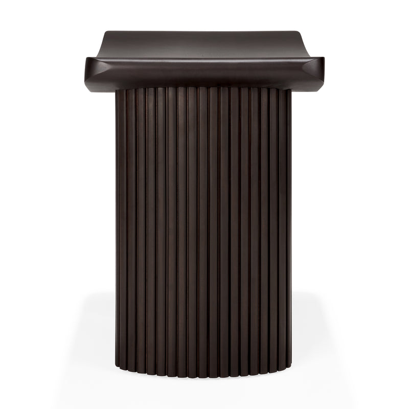 Roller Max Stool in varnished dark brown mahogany with stacked wood-stick design and compact seat height.