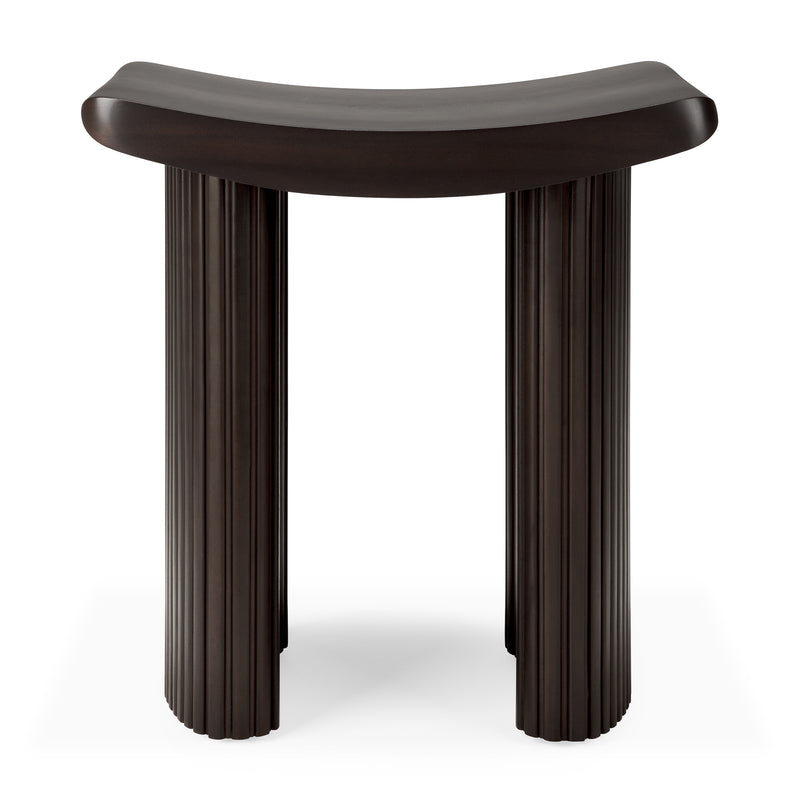 Roller Max Stool in varnished dark brown mahogany wood with stacked wood-stick effect and curved seat design.