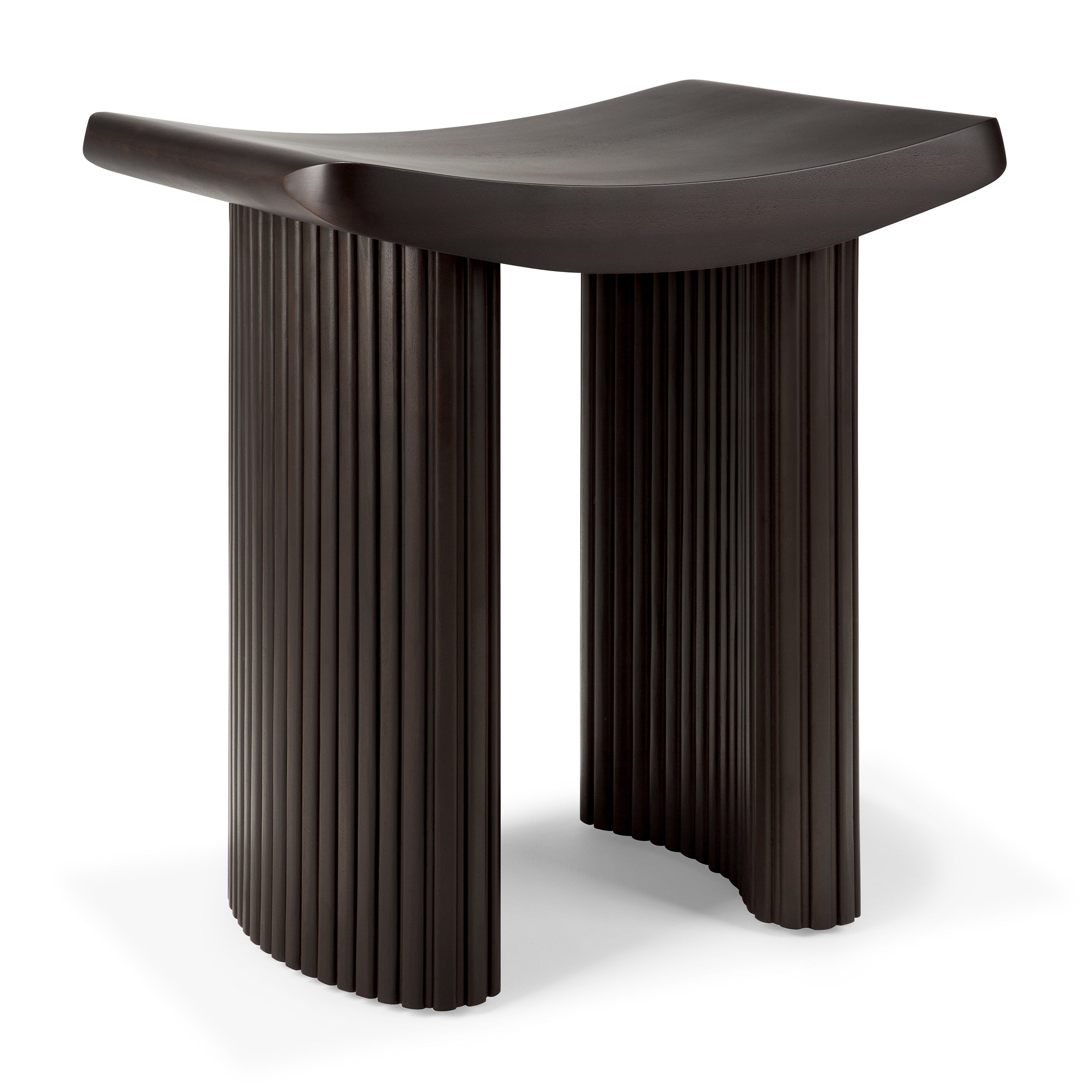 Roller Max Stool in varnished dark brown mahogany with stacked wood-stick design and curved seat by Jaques Deneef.