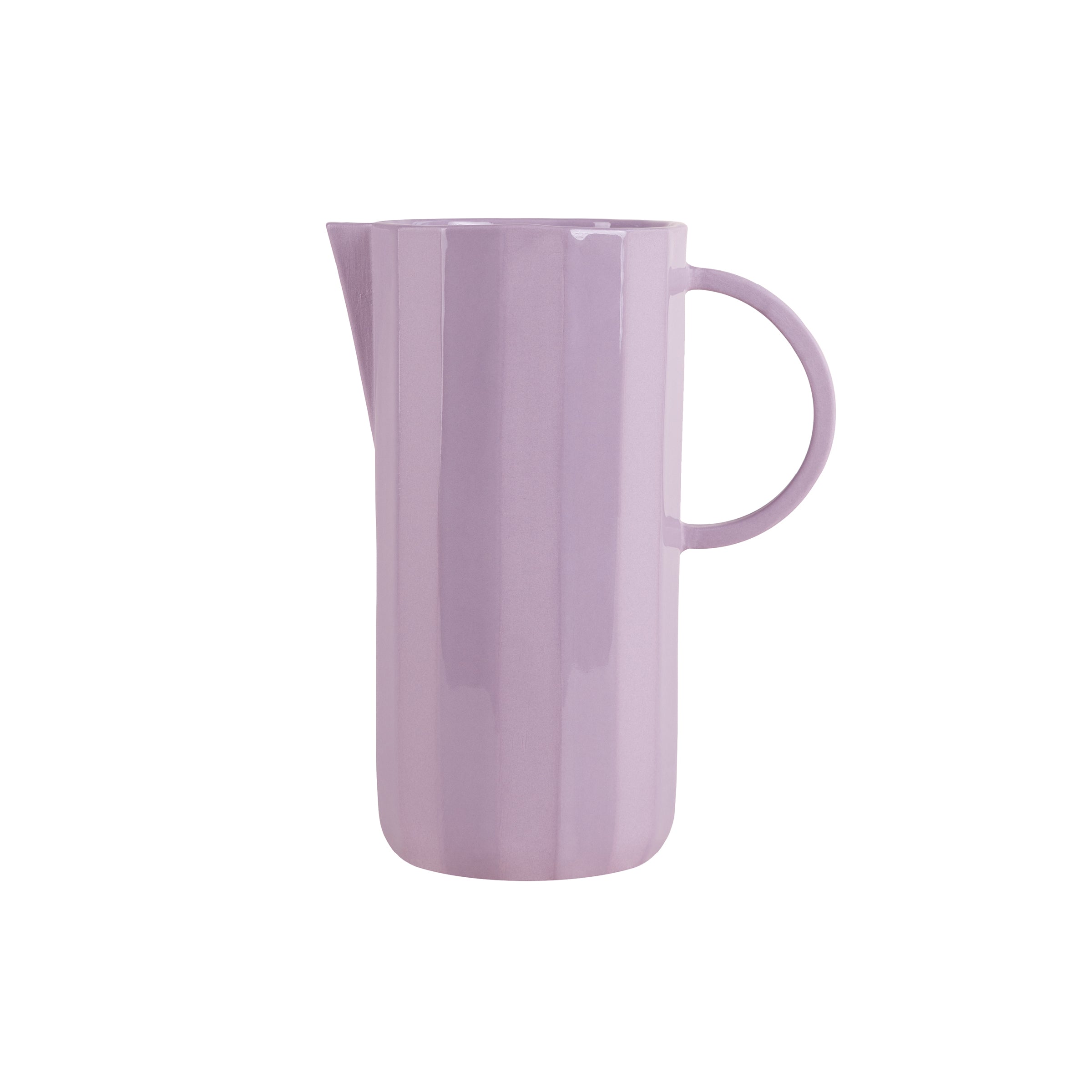 The Schneid Facet Tableware Carafe, a tall, glossy lavender ceramic piece, features a smooth surface with a rounded right-side handle and small top spout. It stands out elegantly against a plain white backdrop, highlighting its sophisticated color dynamics.
