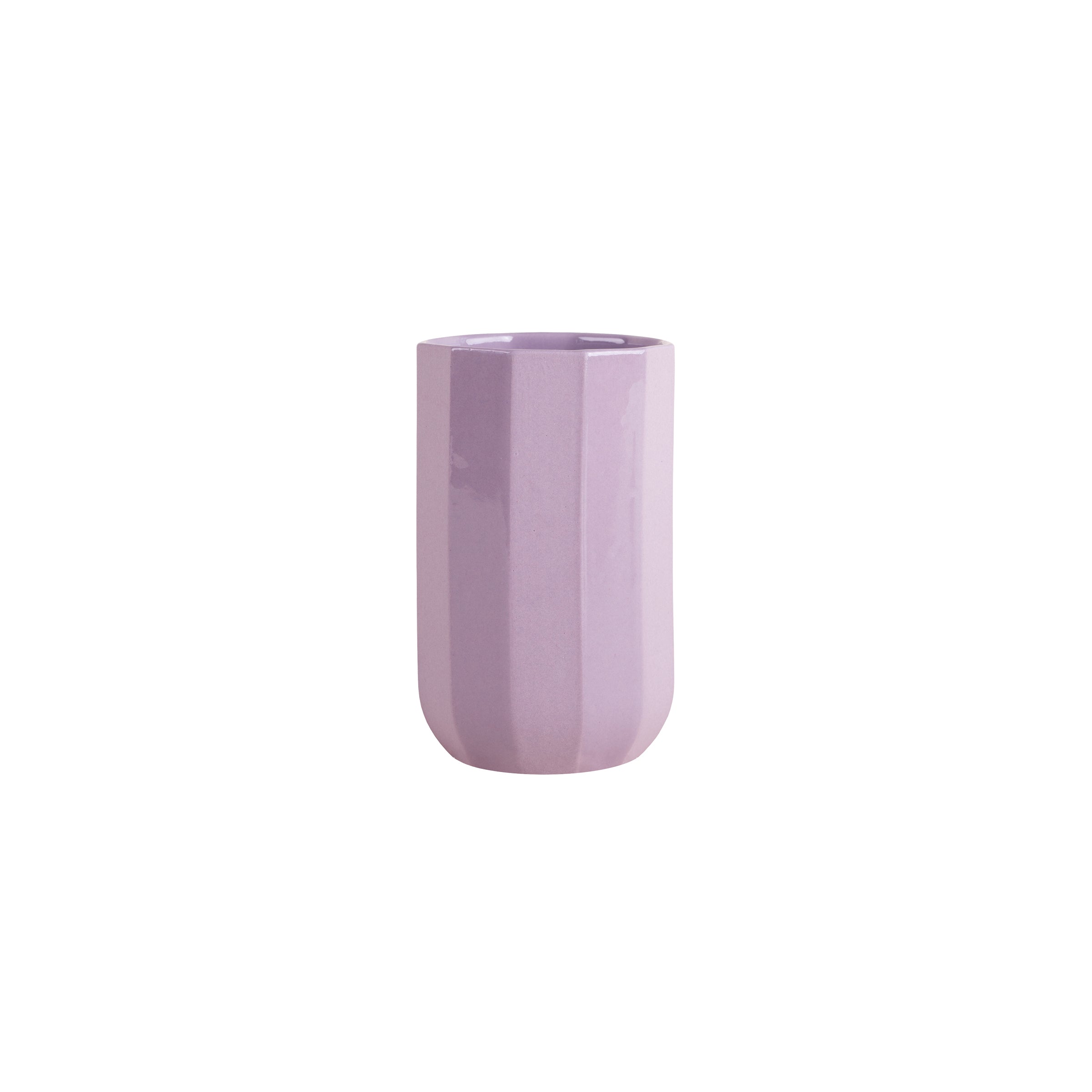 A tall, cylindrical lavender cup by Schneid, from the Facet Tableware collection, features a matte finish with subtle vertical ridges and is set against a plain white background.