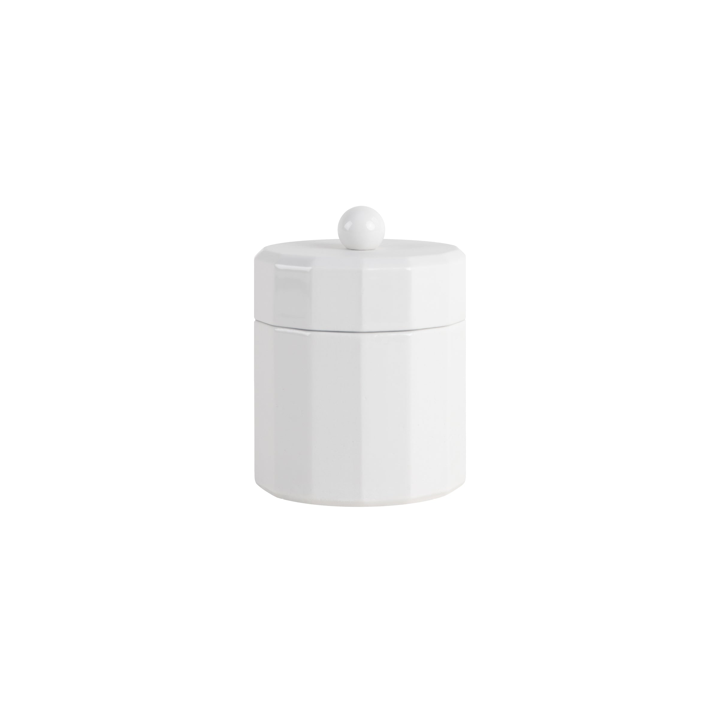 The Facet Tableware - Jar by Schneid is a white ceramic piece with a round lid and small handle, highlighting the elegance of ceramic tableware against a plain white background.