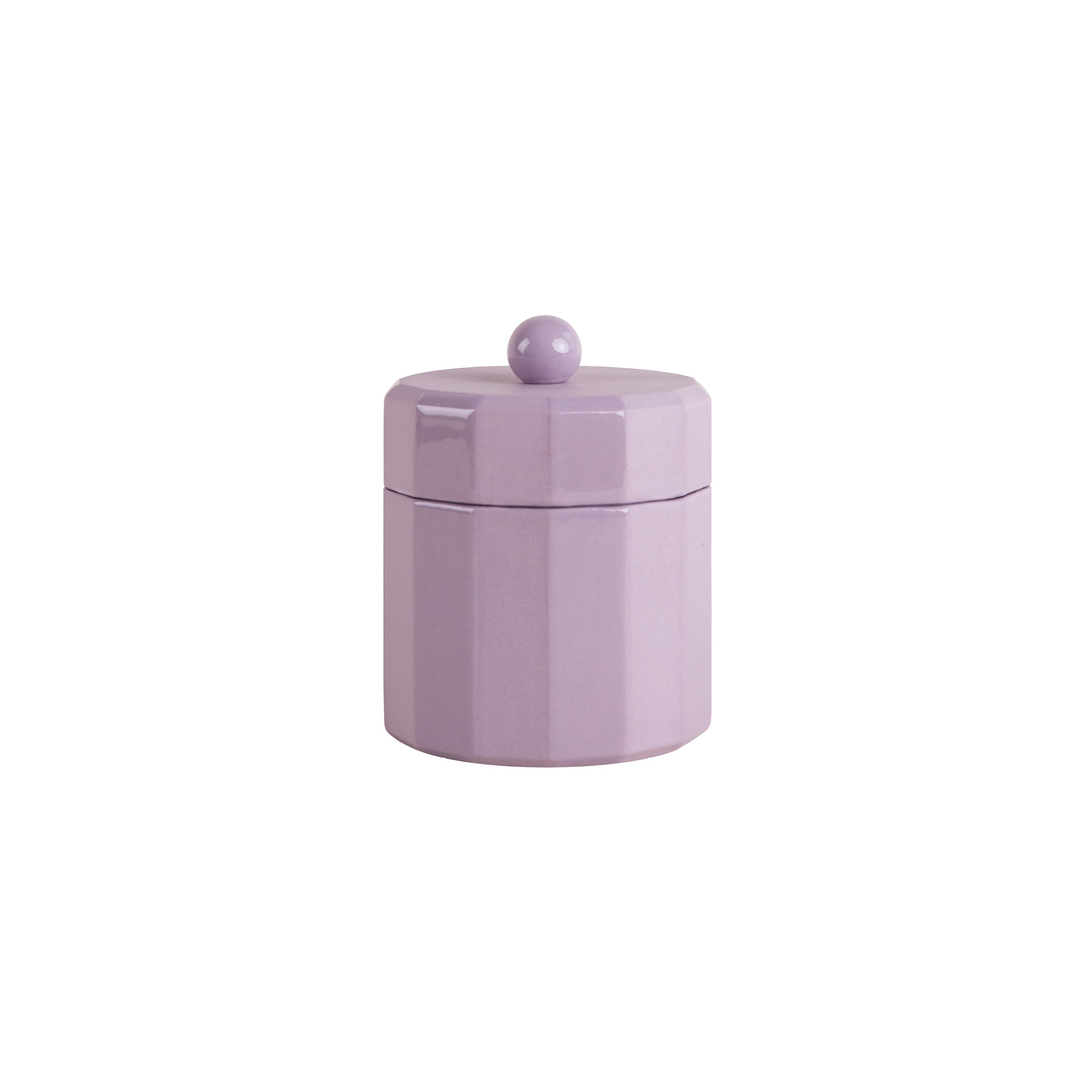 The Facet Tableware - Jar by Schneid is a lavender ceramic jar featuring a lid with a spherical handle, glossy finish, and faceted design with subtle stripes. Its vibrant color shines against a plain white background.