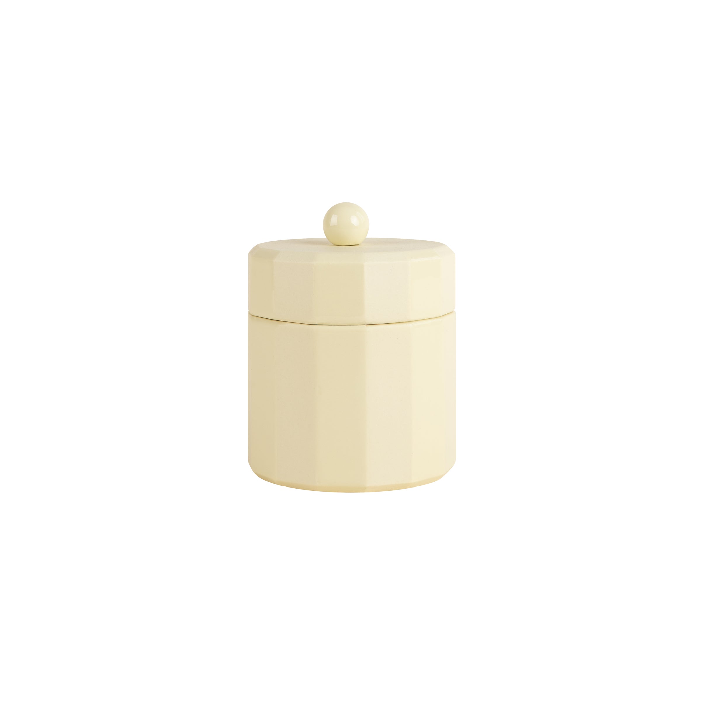 The Facet Tableware - Jar by Schneid is a cream-colored ceramic container with a cylindrical shape and minimalist design. It has a flat lid with a small round handle, smooth glossy surfaces, and color dynamics, ideal for storage or as part of your ceramic tableware collection.