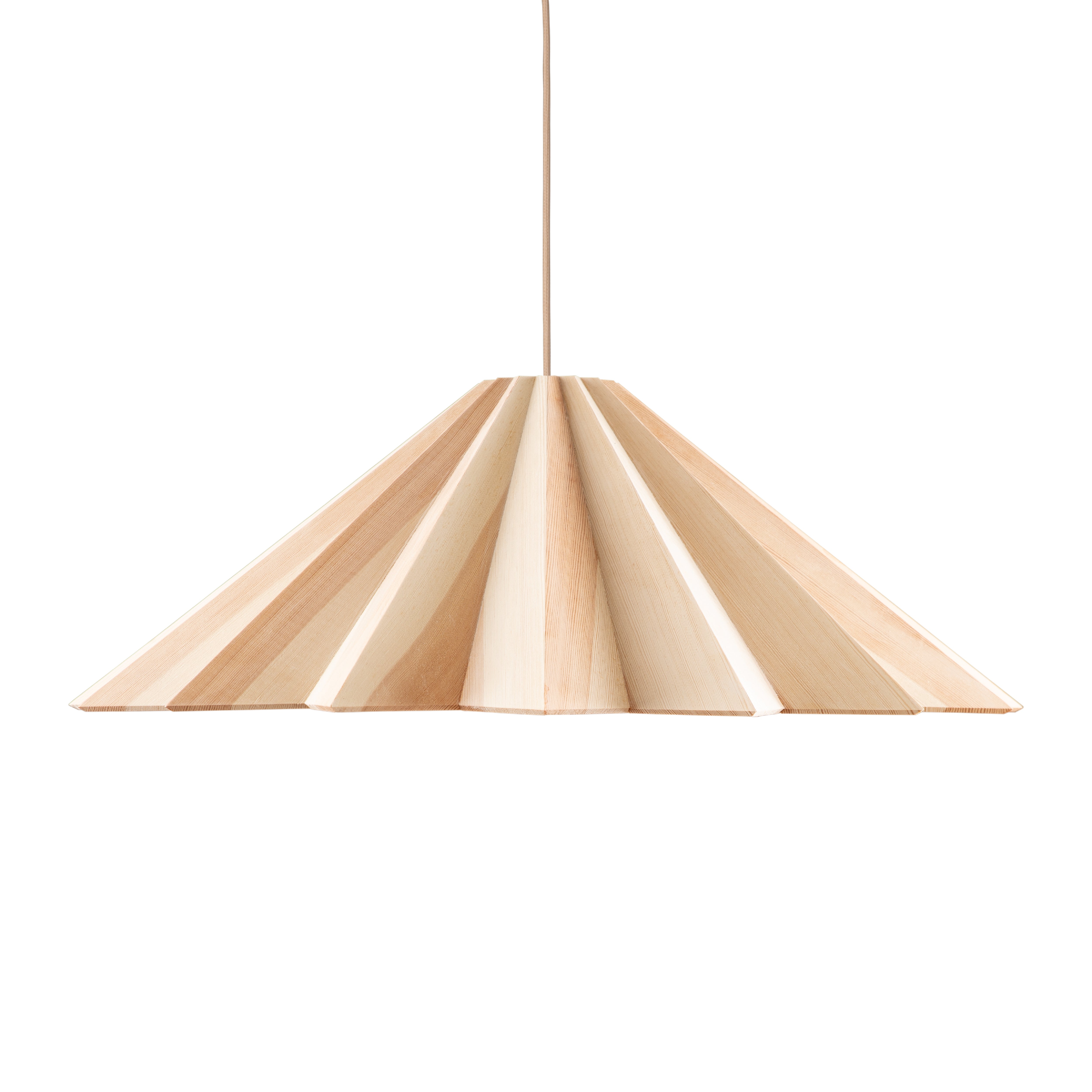 The STRATUS Small by Schneid is a veneer lamp featuring a geometric, fan-like shade with alternating light and medium wood tones. Its handcrafted design hangs elegantly from a thin cord, emphasizing the natural wood of its lampshade.