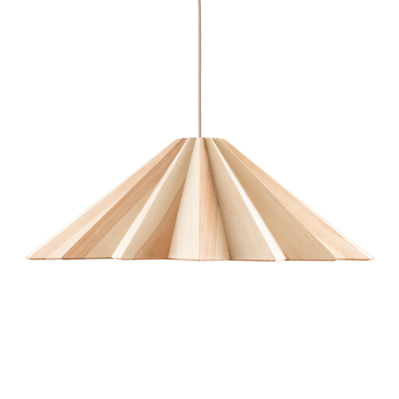 The STRATUS Small by Schneid is a veneer lamp featuring a geometric, fan-like shade with alternating light and medium wood tones. Its handcrafted design hangs elegantly from a thin cord, emphasizing the natural wood of its lampshade.