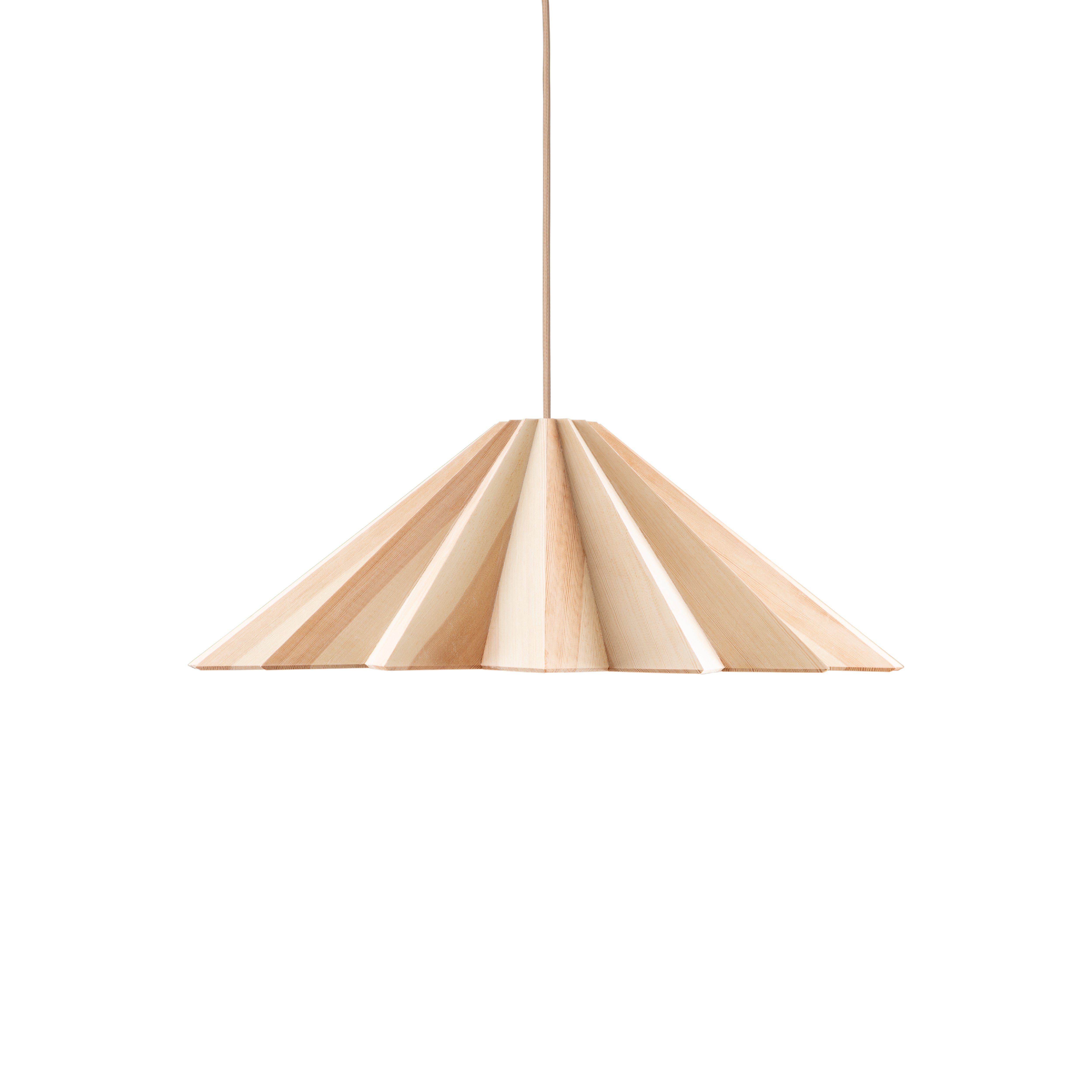 The STRATUS Small pendant lamp by Schneid features a conical design with alternating light and dark wood panels, hanging elegantly from a thin cord against a white background.