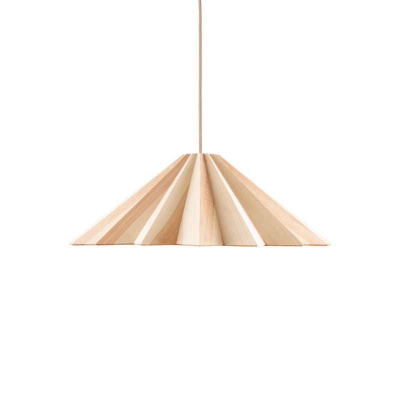 The STRATUS Small pendant lamp by Schneid features a conical design with alternating light and dark wood panels, hanging elegantly from a thin cord against a white background.