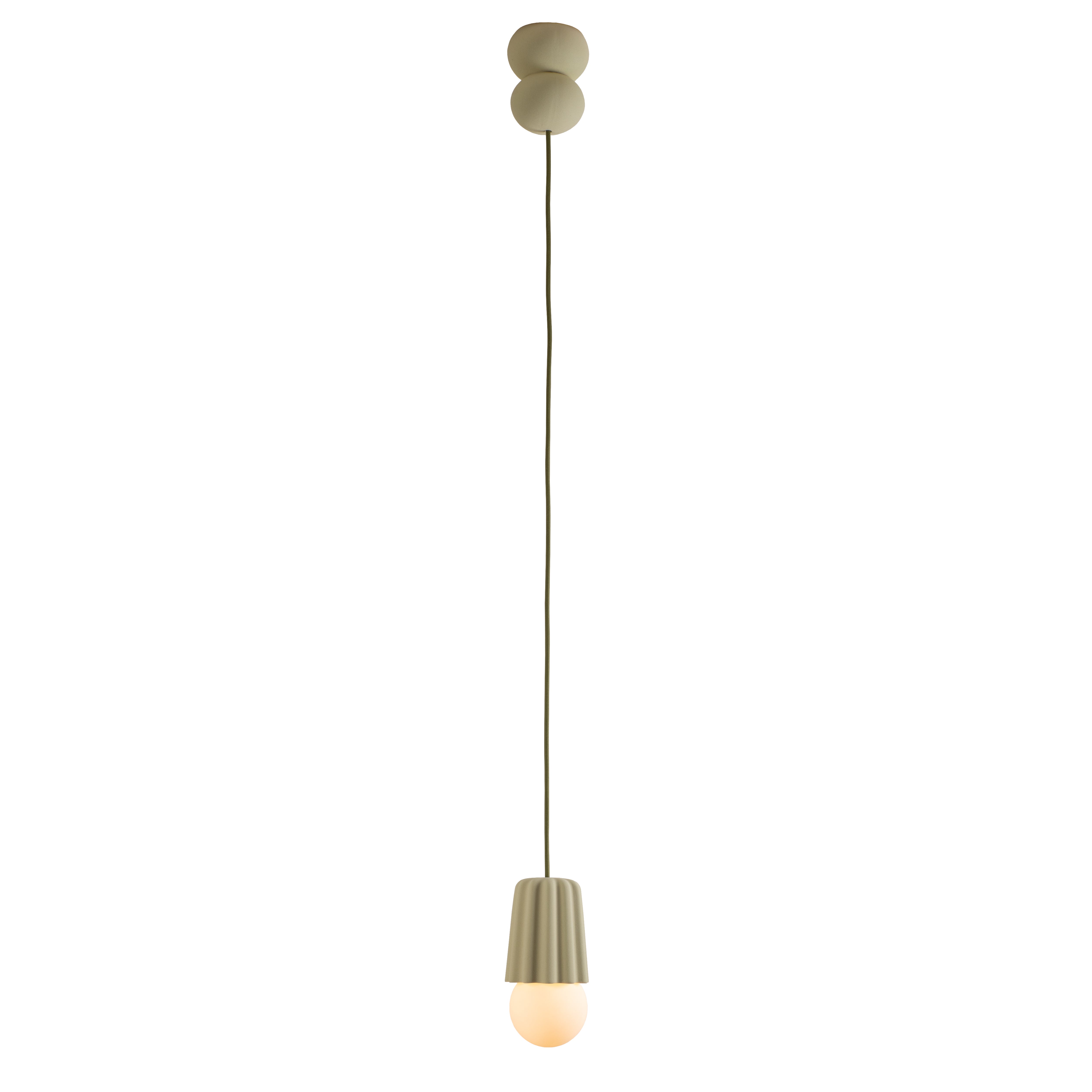 The Stucco No. I by Schneid is a minimalist pendant light with a sculptural design. It hangs from a thin, straight cord featuring a sleek lampshade and emits warm, creative luminosity against a plain white background.