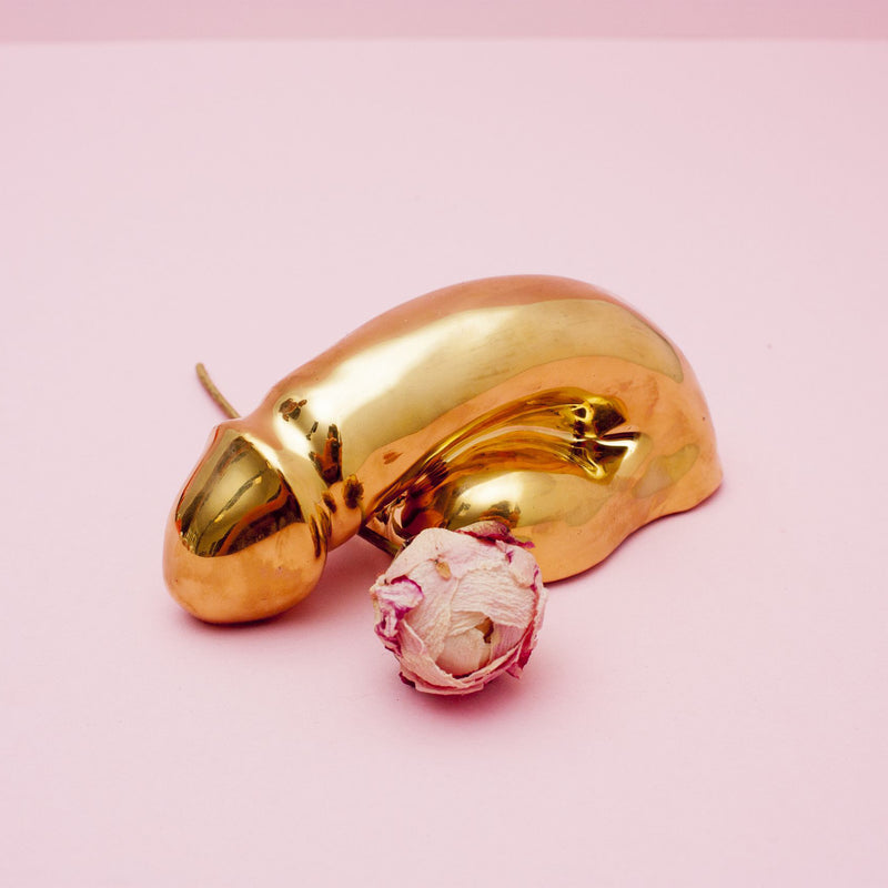 The gold-toned A Decorative Sex - Gold by Schwanzmanufaktur, an abstract sculpture resembling a stylized dog, sits on a light pink surface. In front, a wilted pink and white flower lies, reflecting the fleeting beauty often celebrated in Oscar Wildes quotes.