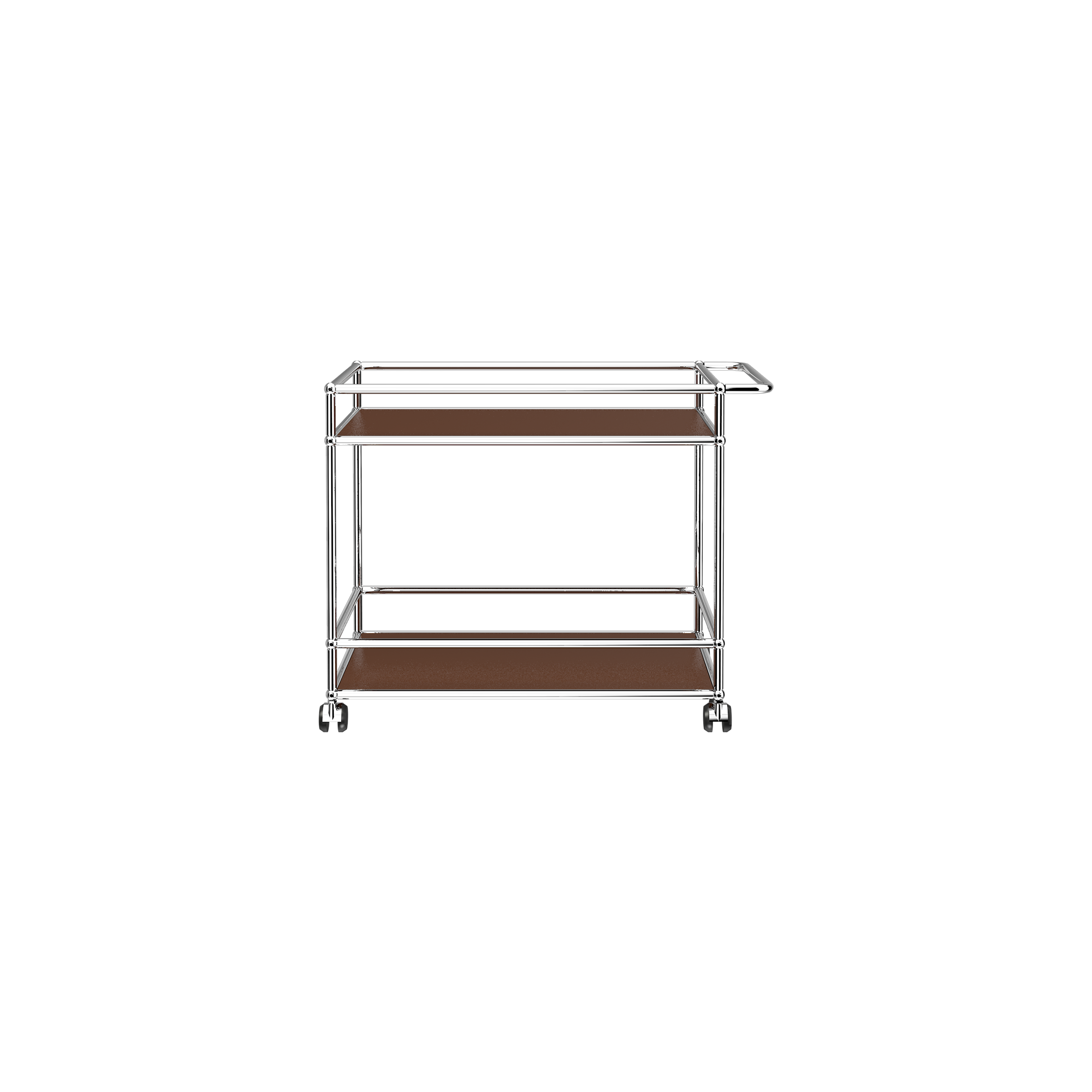 Haller Serving Cart L18 with chrome steel frame, two shelves, handle, and casters for easy mobility in brown finish.