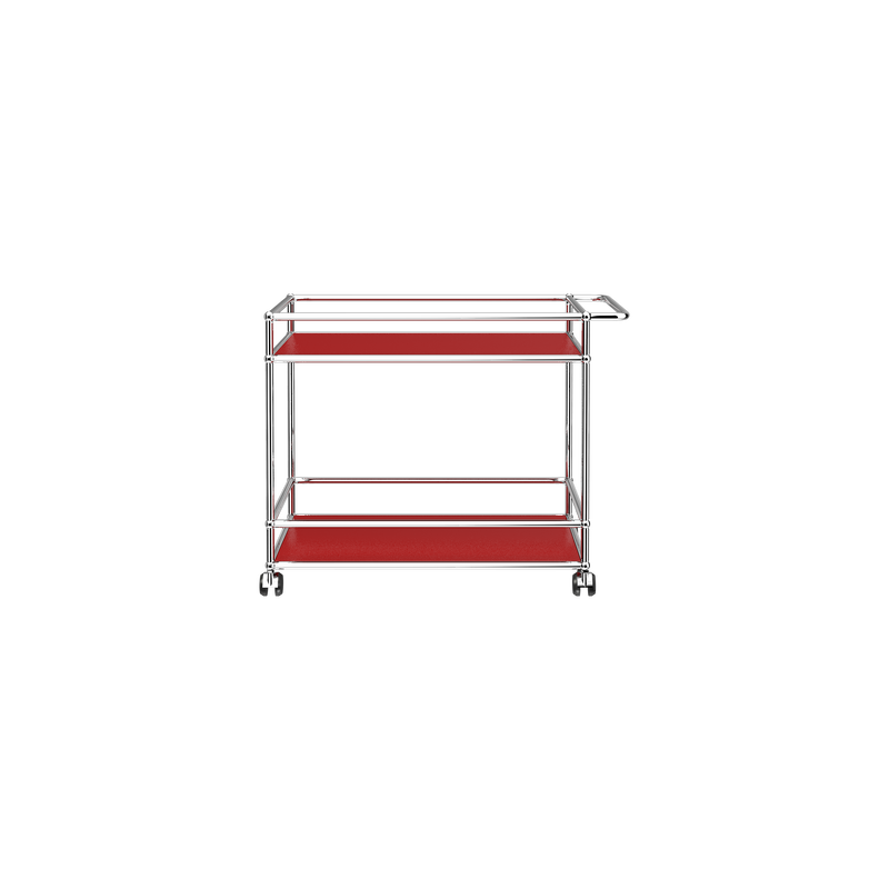 Haller Serving Cart L18 in red powder-coated steel panels with chrome steel frame and caster wheels.