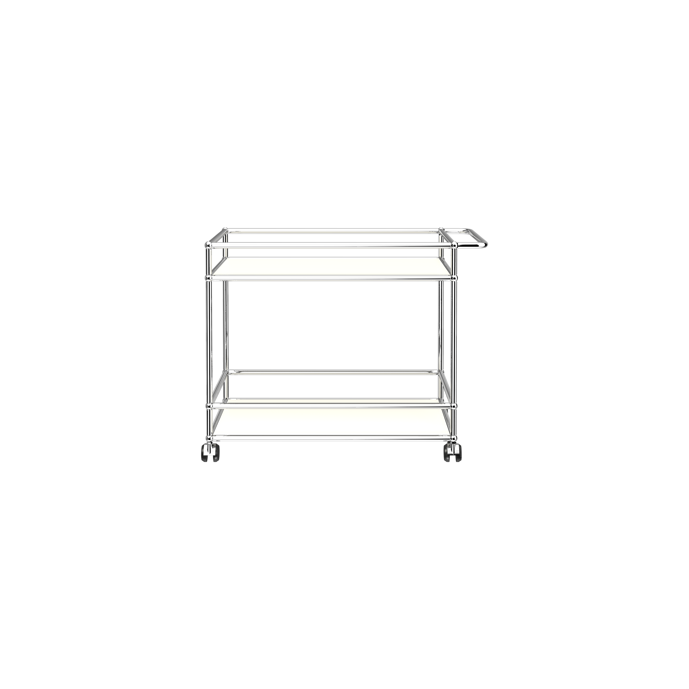 Haller Serving Cart L18 with chrome steel frame, powder-coated panels, handle, and casters for easy mobility.