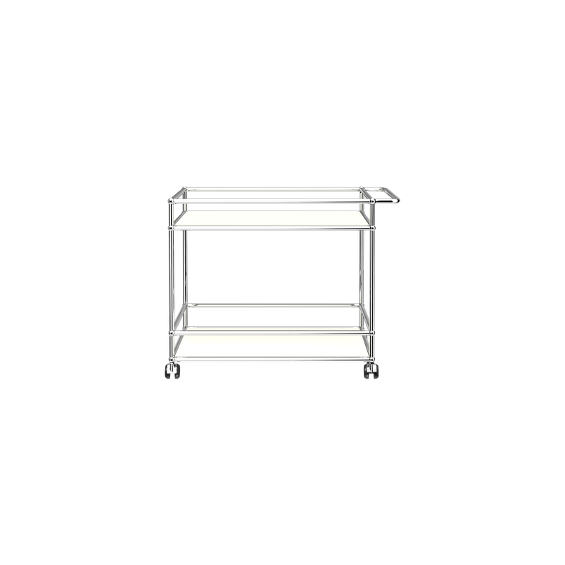Haller Serving Cart L18 with chrome steel frame, powder-coated panels, handle, and casters for easy mobility.