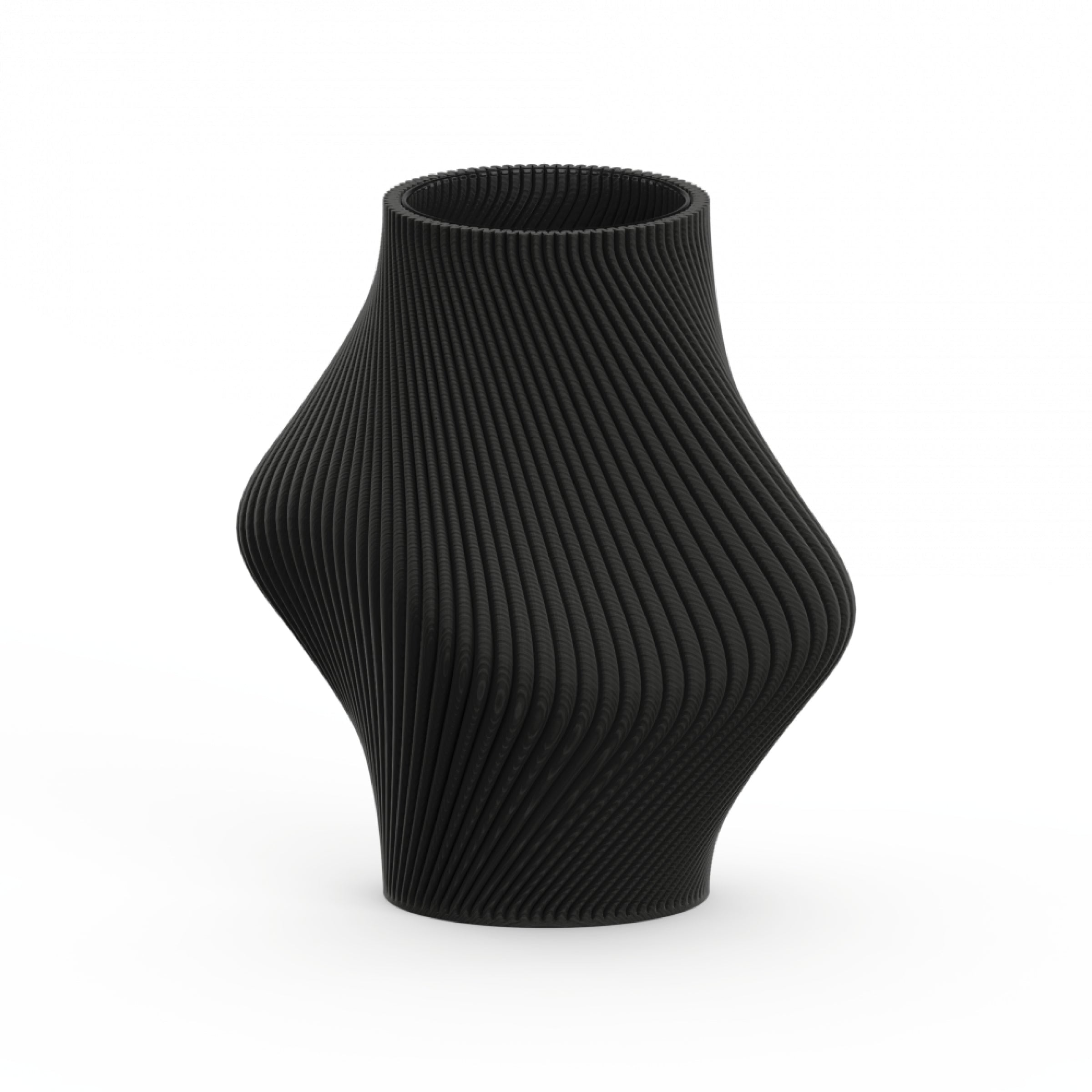 The Bloz 138g Vase by Sheyn is a black, intricately ribbed vase with a symmetrical, curvy design produced through eco-friendly 3D printing. Its textured surface forms a spiral pattern, tapering elegantly at the top and bottom against a plain white background.