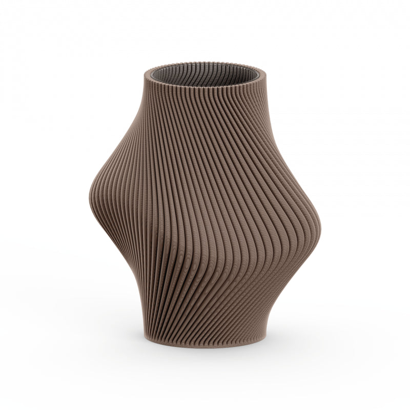 The Bloz 138g Vase by Sheyn is a brown, intricately pleated 3D-printed piece with a wavy, symmetrical design. Its narrow neck and wide base add to its eco-friendly, sculptural appeal against a white background, highlighting its unique texture and shape.