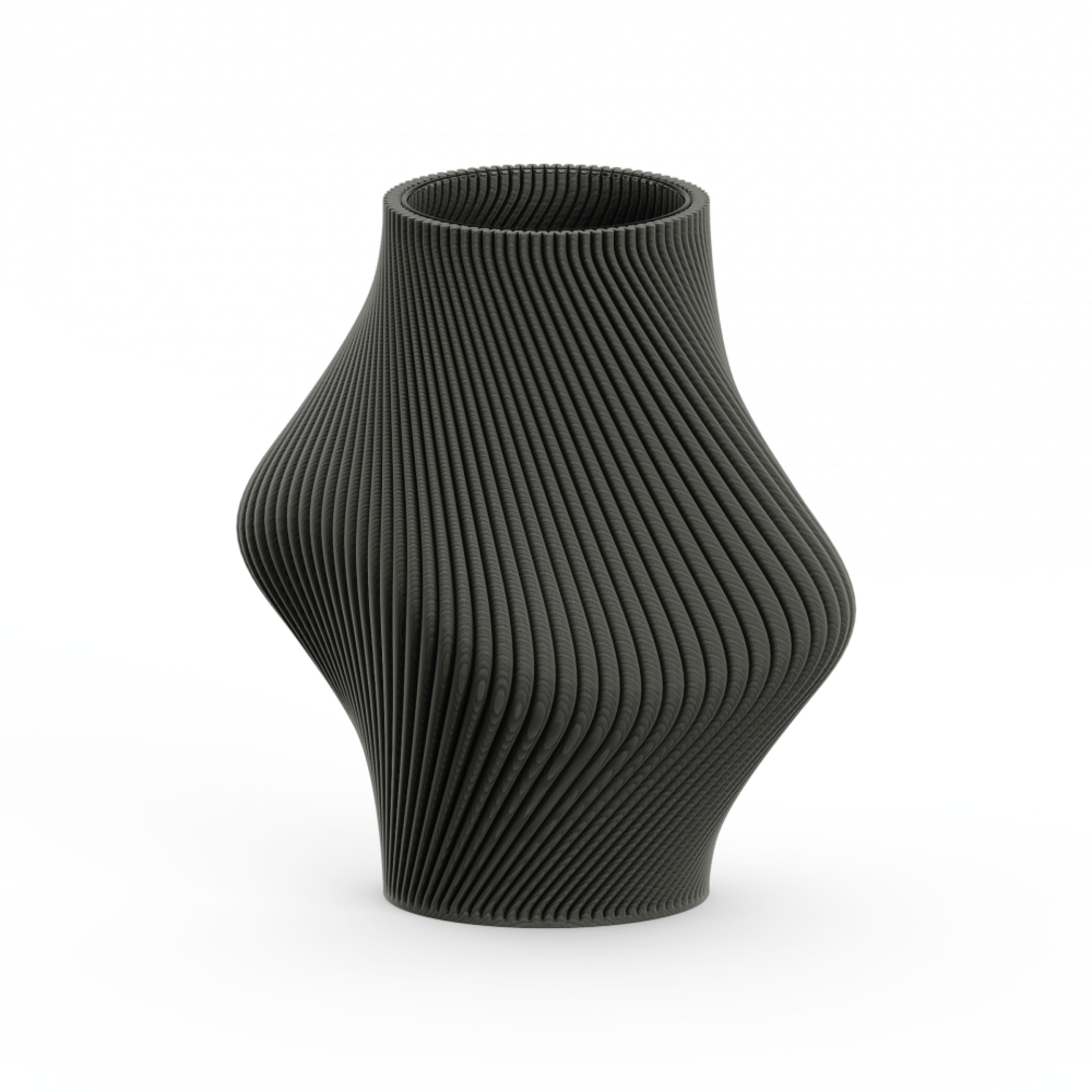 The Bloz 138g Vase by Sheyn features a black, intricately ribbed surface and wavy, curvy silhouette. Made with eco-friendly, recyclable materials, the 3D-printed design rests against a white background, showcasing its modern, artistic style and dynamic flow.
