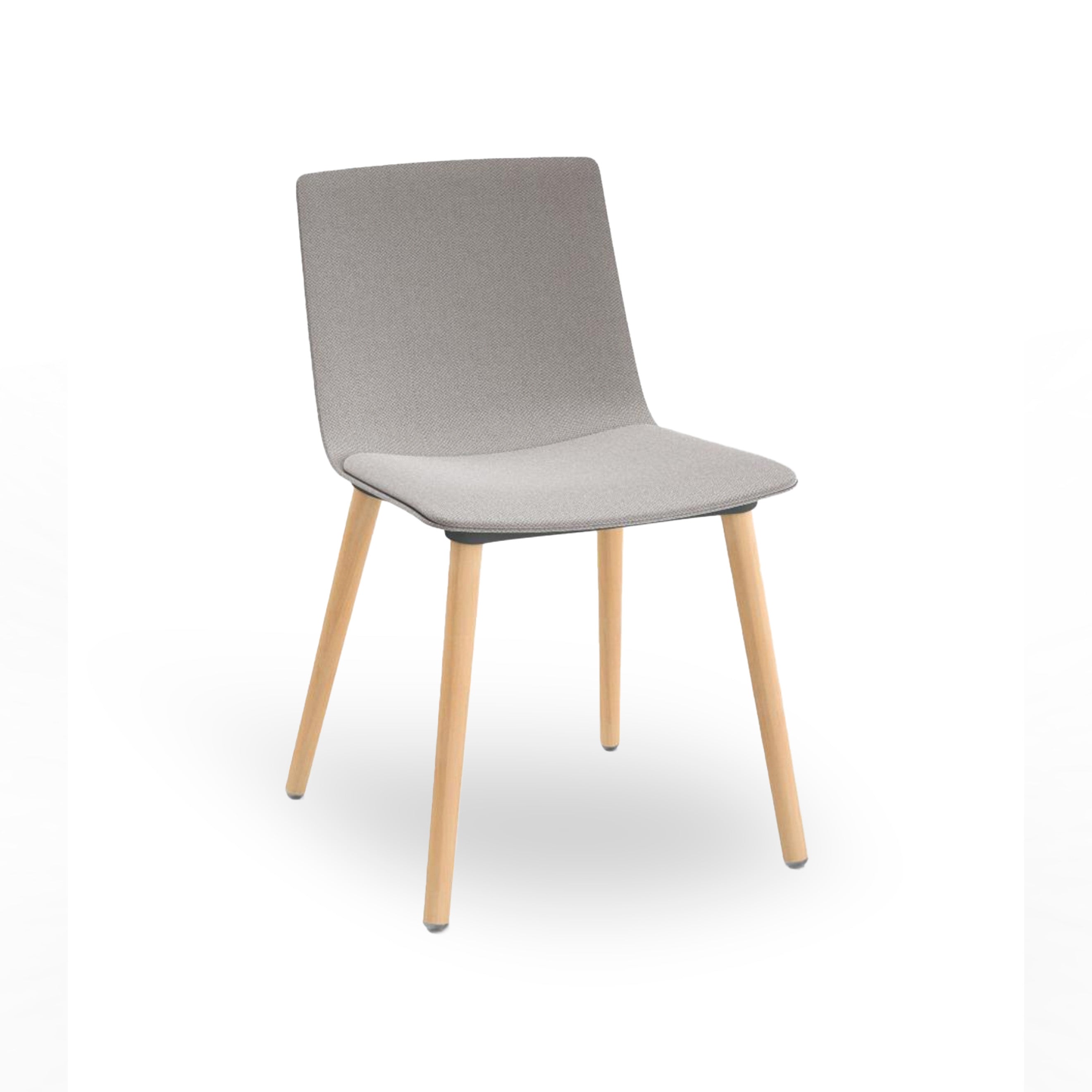 The Resol Skin Wood Chair Fully Upholstered is a modern, sustainable piece with a sleek gray seat and backrest. It features four light wooden legs and is shown against a plain white background.