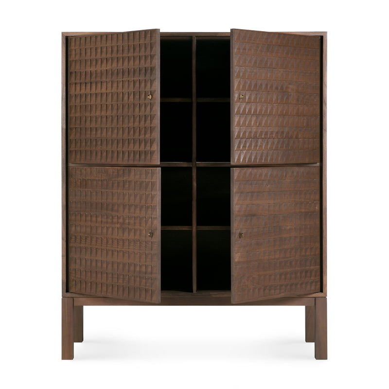 Sono Cupboard with hand-carved teak doors and brass handles, offering elegant and functional storage.