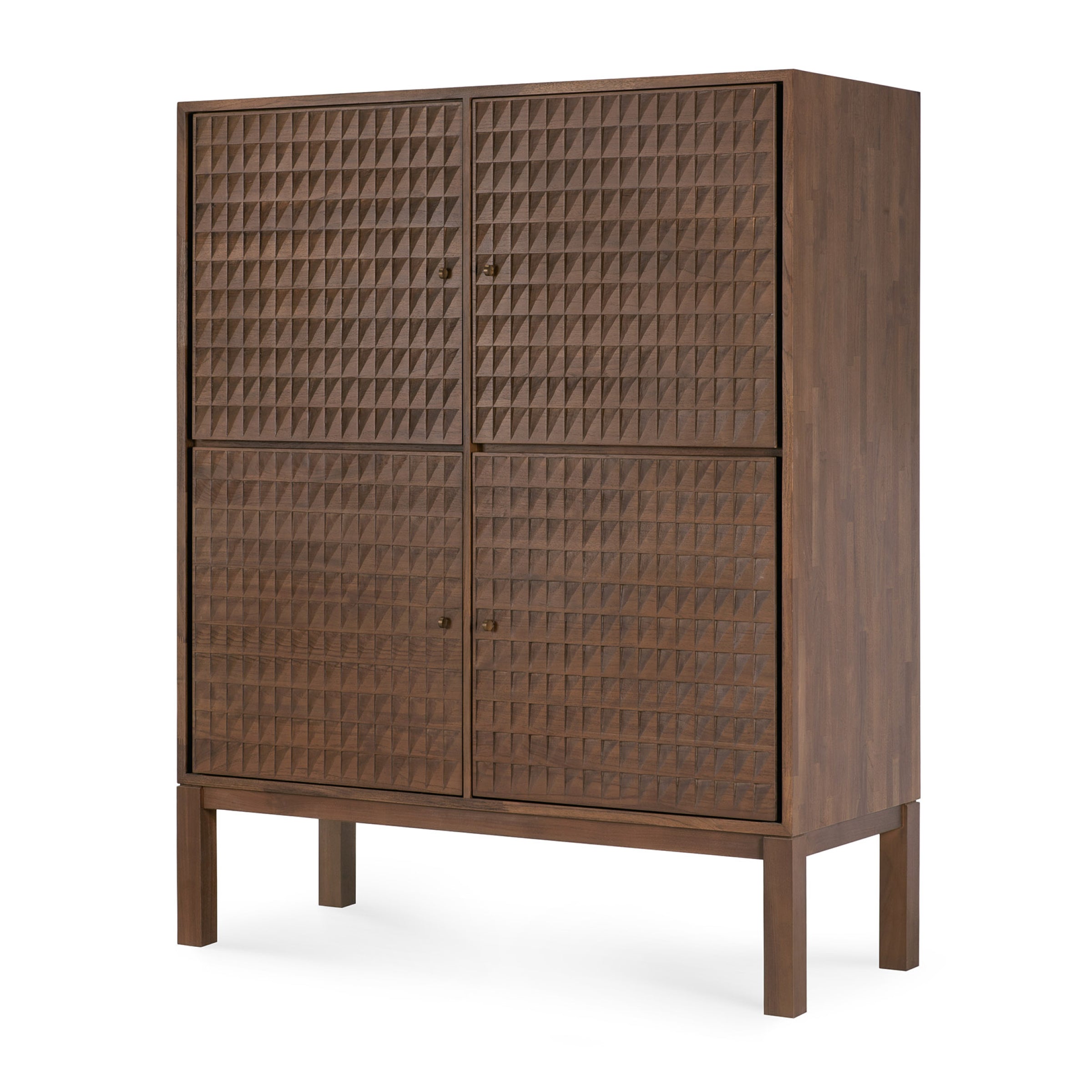 Sono Cupboard in varnished teak with hand-carved panels and brass handles for elegant storage.