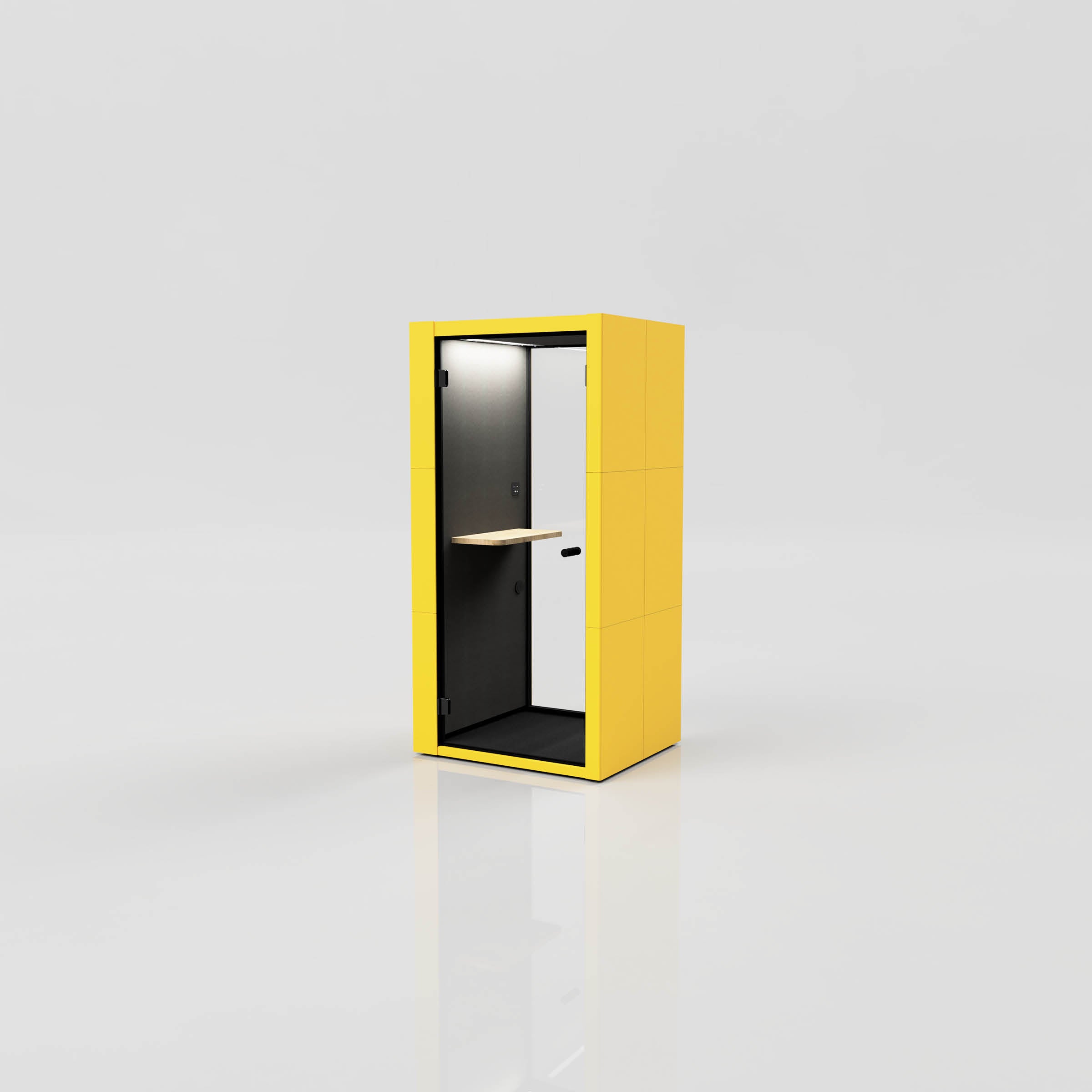 The SilentLab OFFICE POD SPARK is a modern acoustic office pod in yellow with a glass door and interior shelving. Set against a white background, it boasts a minimalistic design with clean lines, combining style and functionality in any work environment.