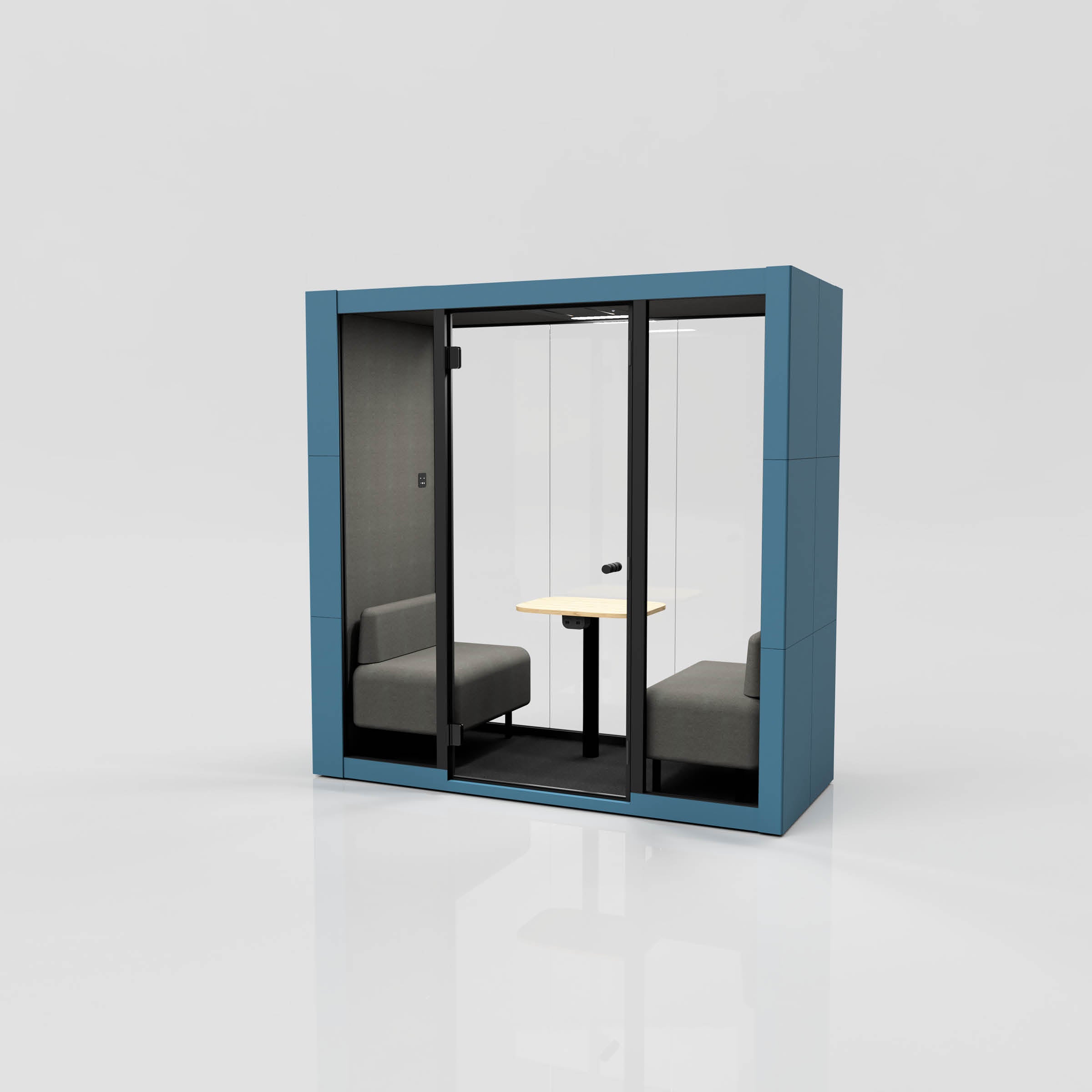 The OFFICE POD SPARK 2 by SilentLab offers a modern acoustic office pod with a blue exterior, featuring two gray benches across a light wooden table. Its glass sliding doors create a quiet environment ideal for private discussions or improving working conditions.