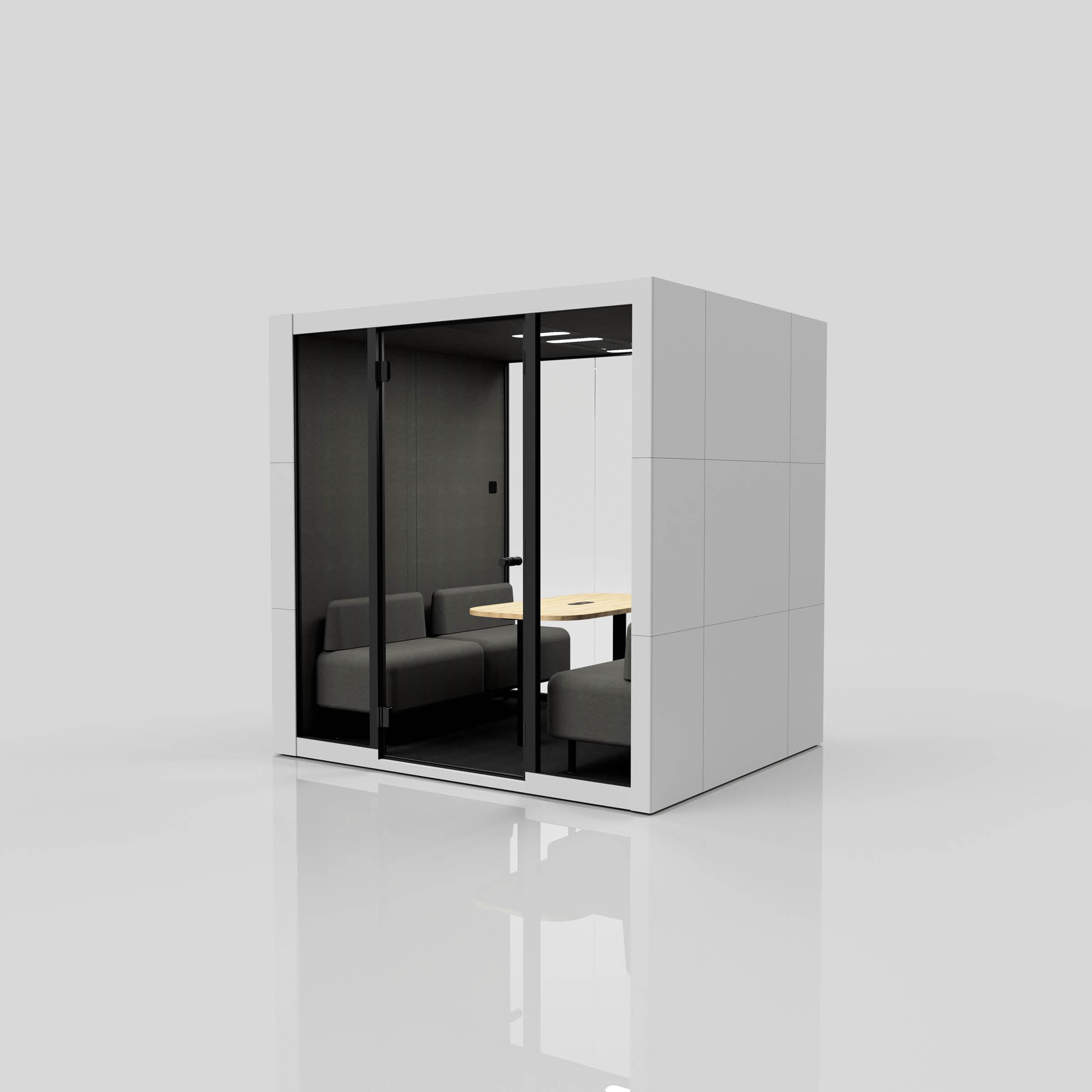The SilentLab OFFICE POD SPARK 4 is a modern, minimalist office pod featuring glass doors and a sleek white exterior. Inside are two gray couches around a small wooden table, offering soft lighting and a quiet space perfect for private meetings.