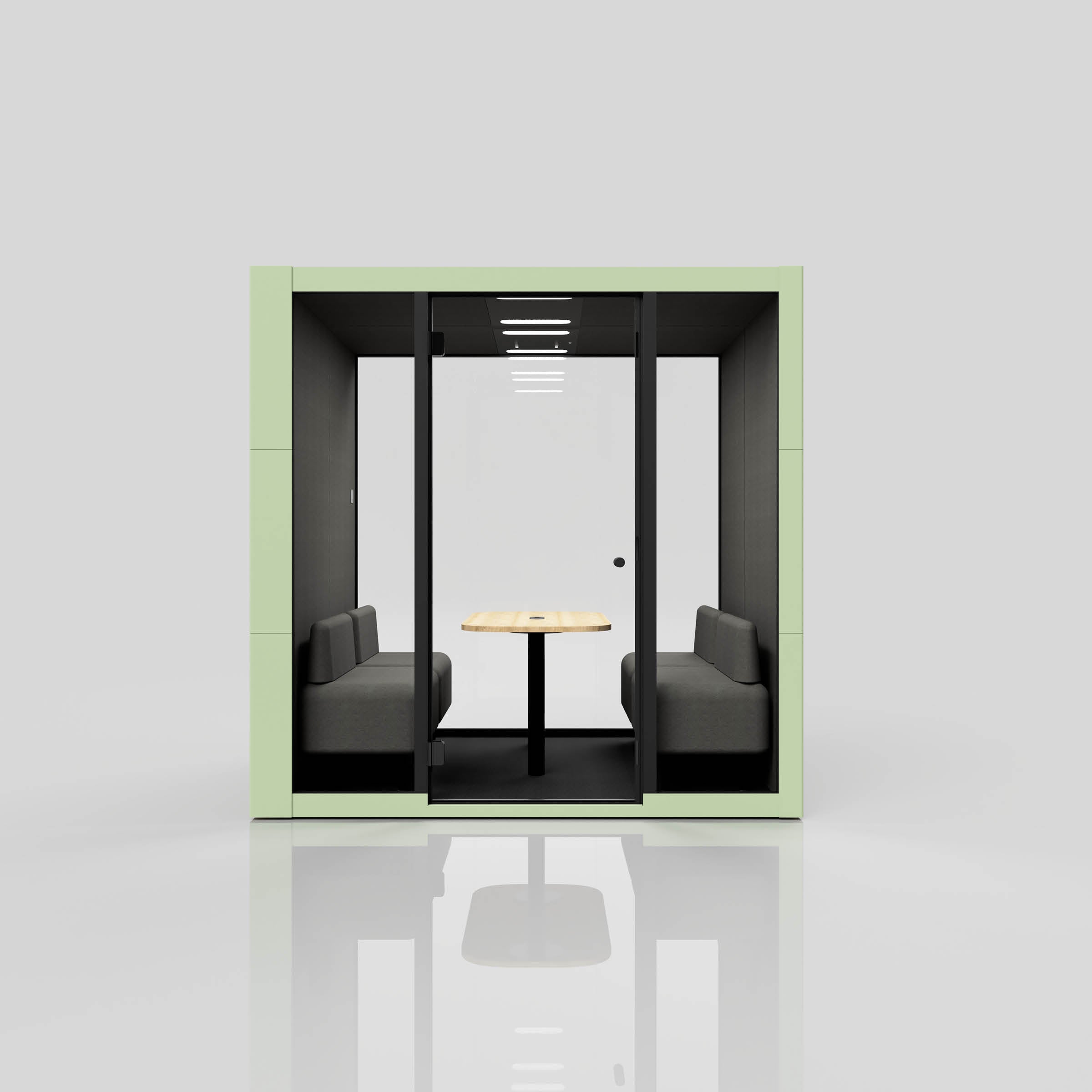Discover the SilentLab OFFICE POD SPARK 4—a modern, minimalist cube ideal for private meetings with green walls, two gray cushioned benches, a wooden table in between, and a glossy white floor—perfect for quiet retreats in any workspace.