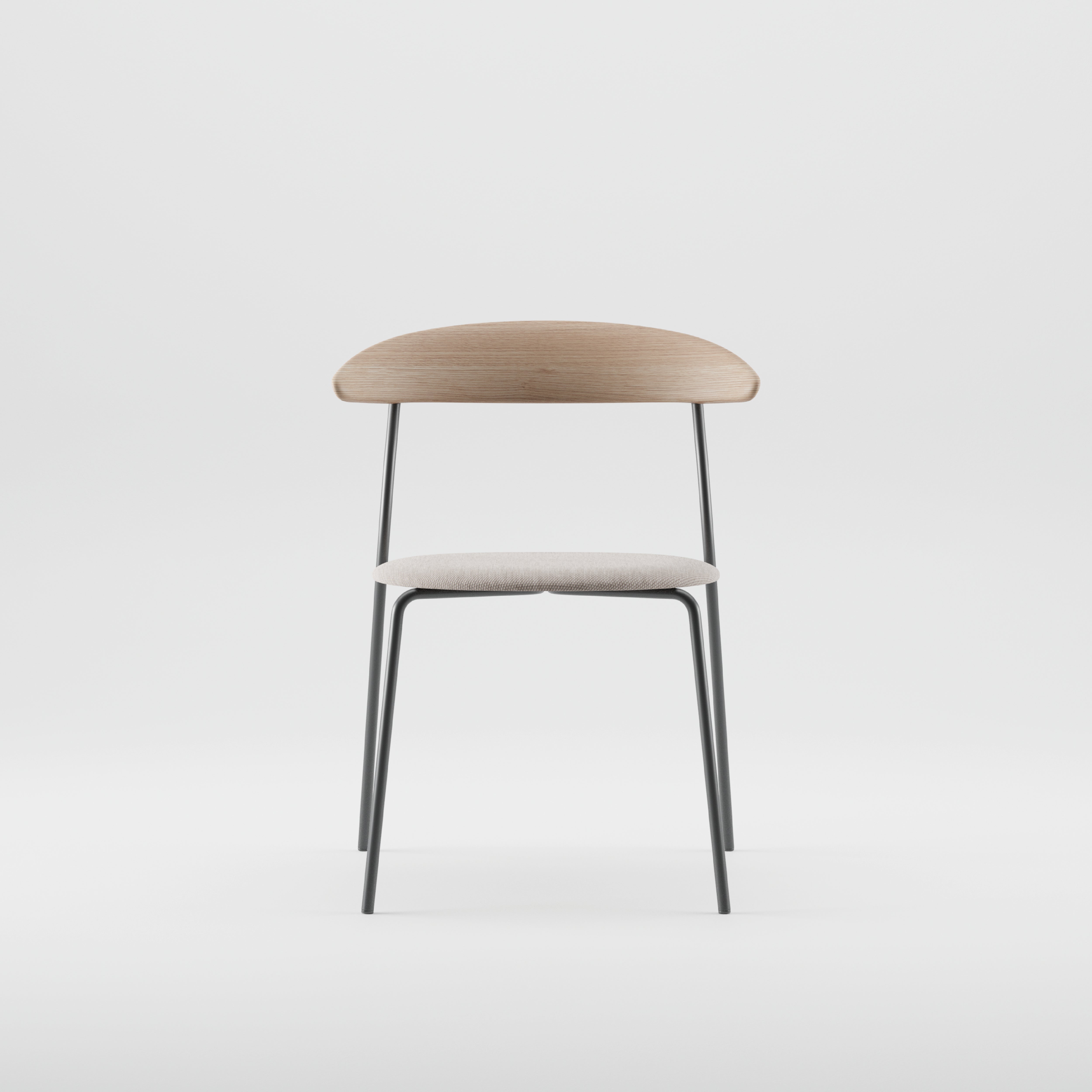 The KINU Chair by Artisan features a minimalist design with a light wooden backrest treated with natural oils, a fabric-covered seat, and slender black metal legs, all set against a plain white background.