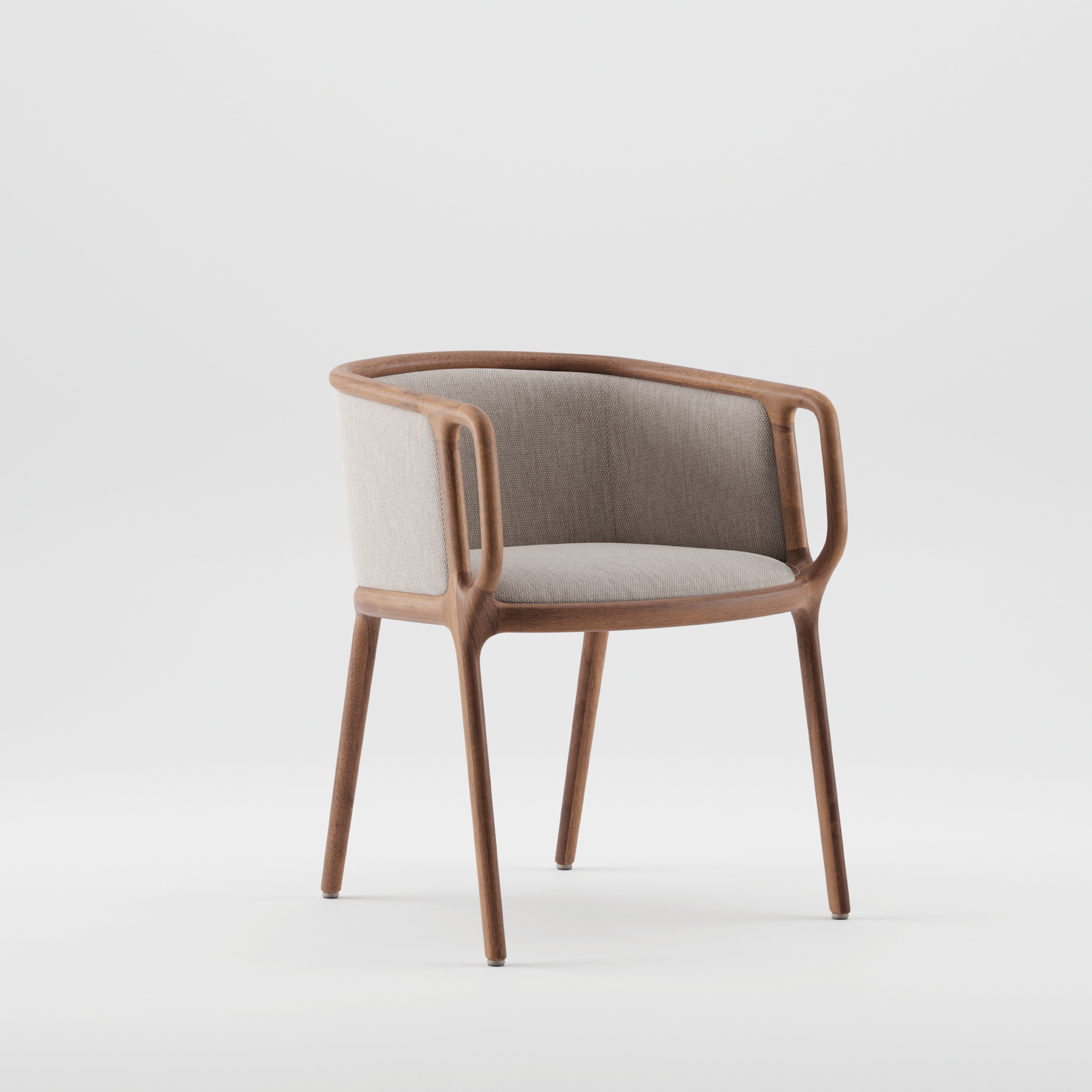 The Artisan VELO Chair is a modern wooden armchair crafted from solid wood and eco-friendly materials, featuring a beige fabric seat and backrest. Its open arm design and four straight legs add elegance, all against a plain white background.