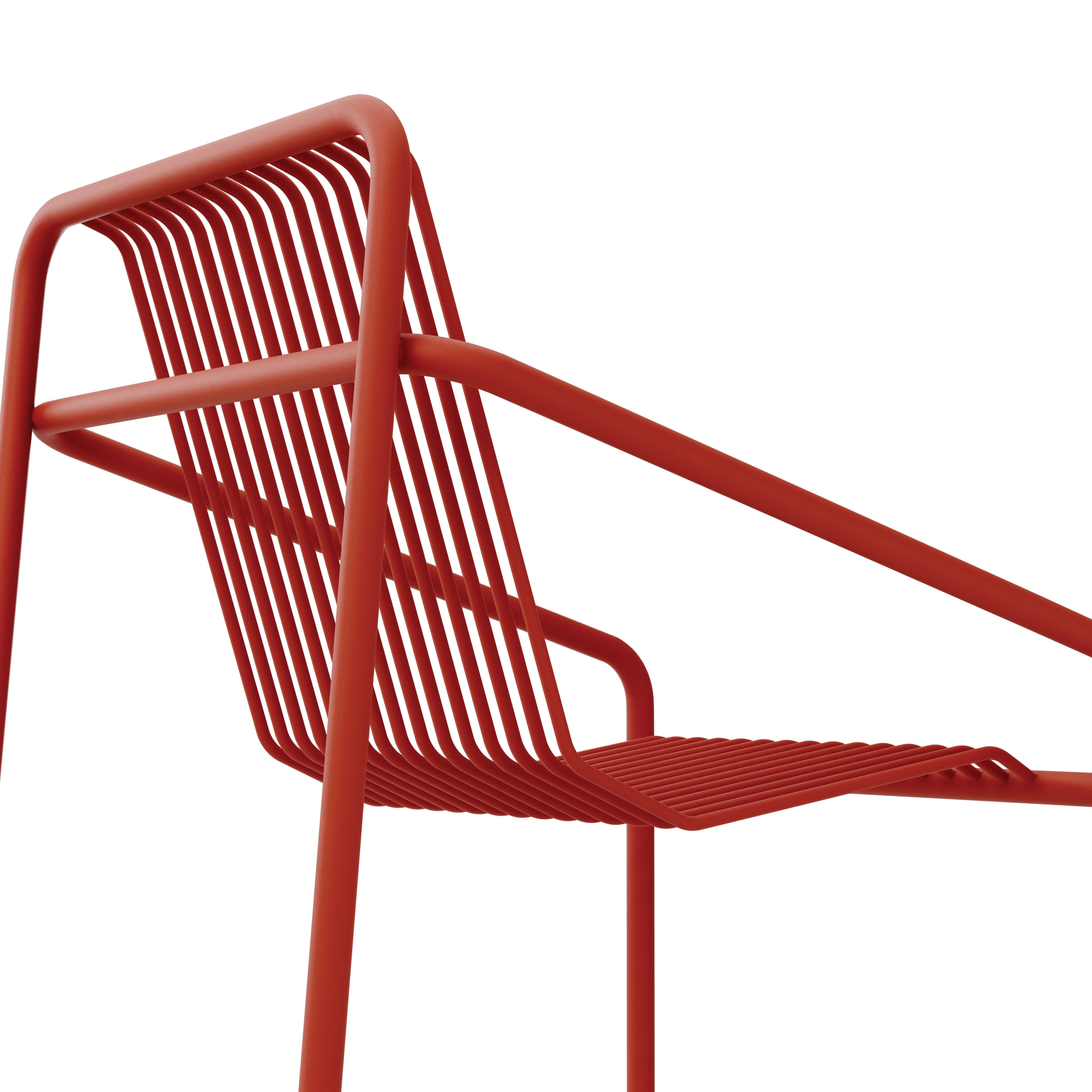A close-up of the IVY Outdoor Dining Chair from Objekte unserer Tage highlights a sleek, minimalist design with thin, horizontal metal slats in vibrant red. Its curved, angular frame is crafted from weather-resistant materials for lasting style and durability.