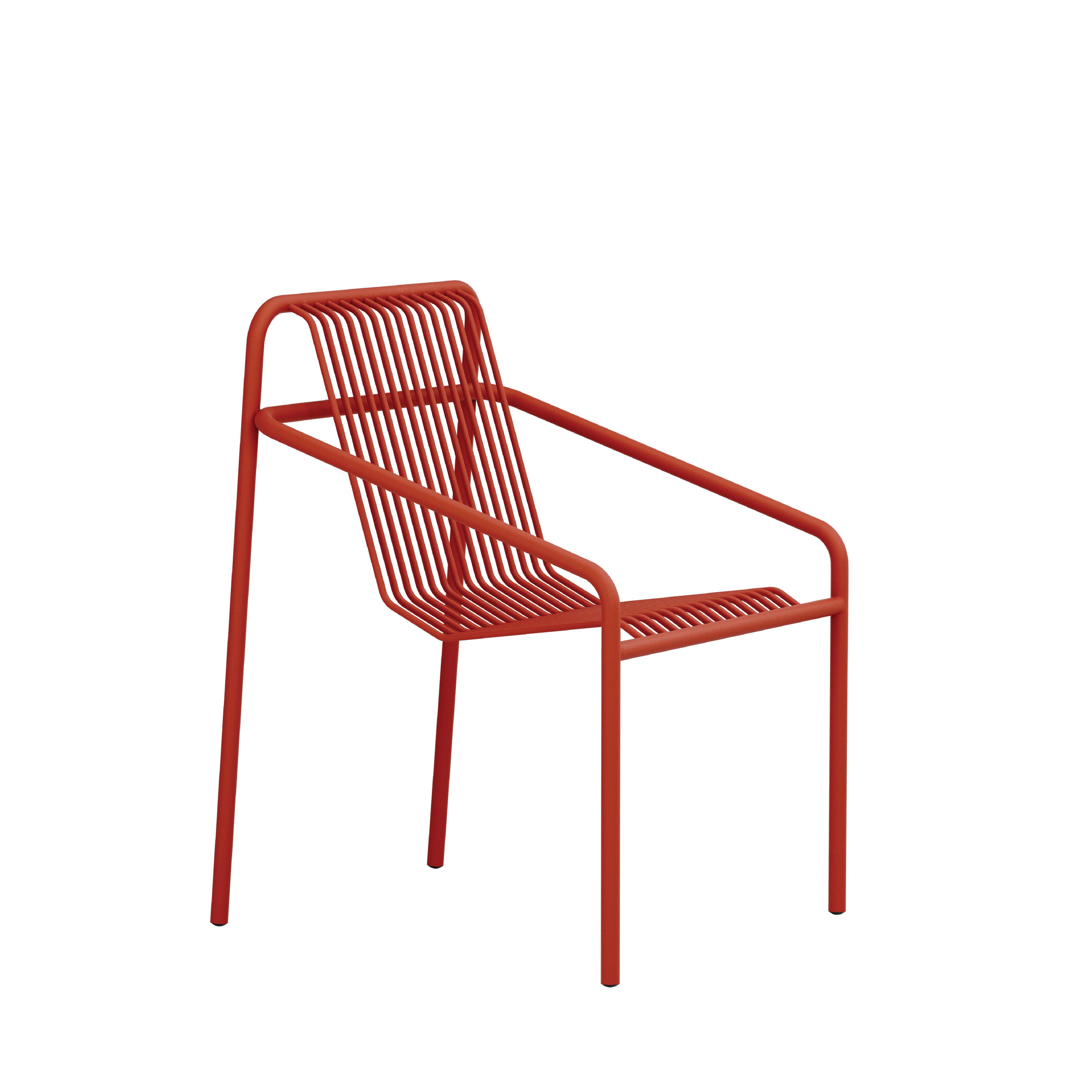From the Objekte unserer Tages IVY Outdoor Dining Chair collection, this modern red chair features a minimalist metal frame and slatted design. With its high back and armrests, it provides an open feel against a white backdrop, using weather-resistant materials for lasting enjoyment.