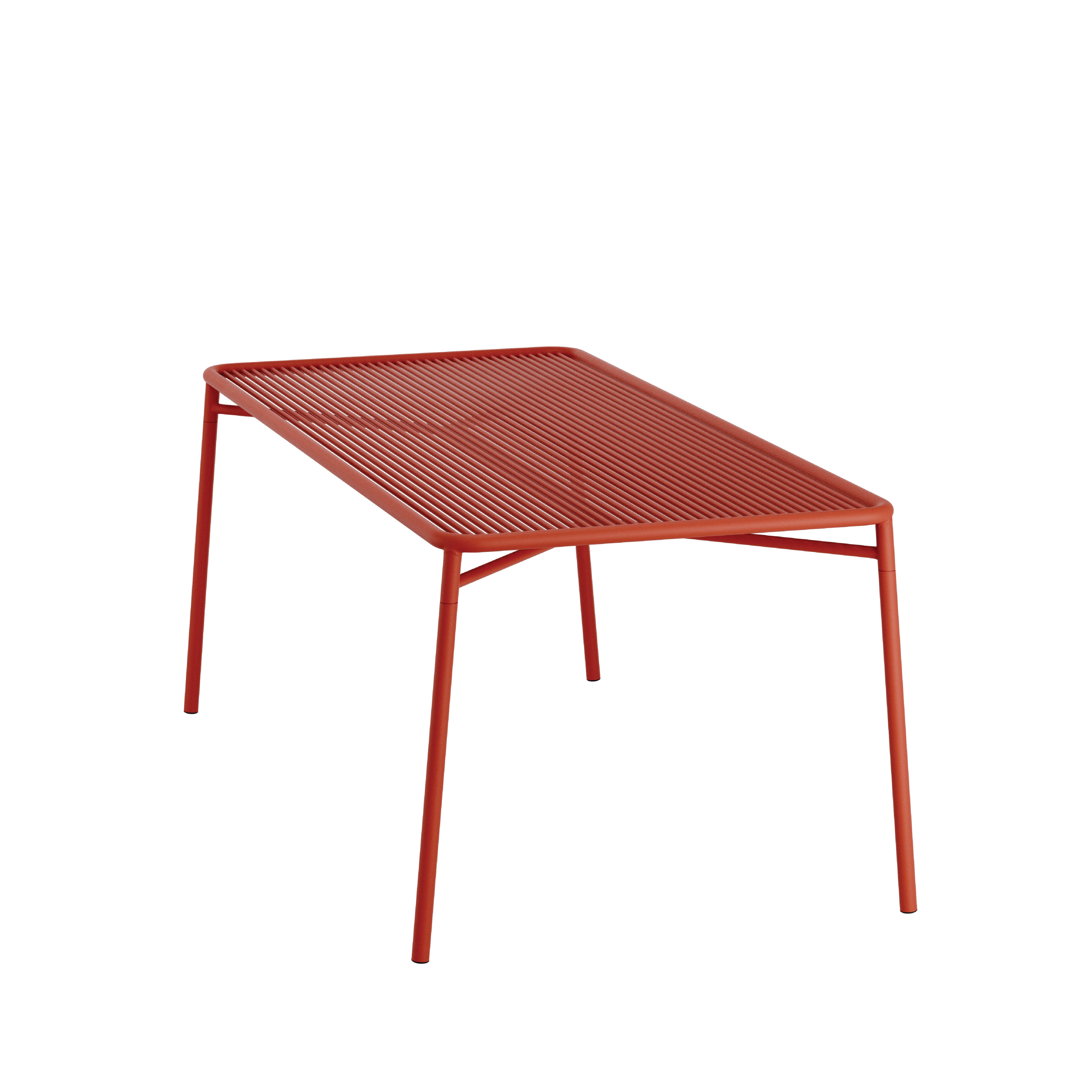 The IVY Outdoor Table by Objekte unserer Tage features a minimalist red metal design with a slatted top and four slender legs, crafted from powder-coated steel. It is showcased at an angle against a plain white background, making it perfect for any outdoor collection.