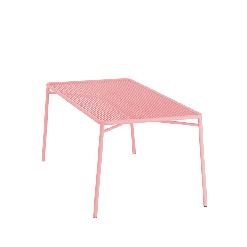 The IVY Outdoor Table by Objekte unserer Tage is a modern, minimalist design featuring a pink rectangular slatted top and powder-coated steel construction. Its four straight legs are slightly angled on a white background, adding a dynamic perspective to any outdoor collection.