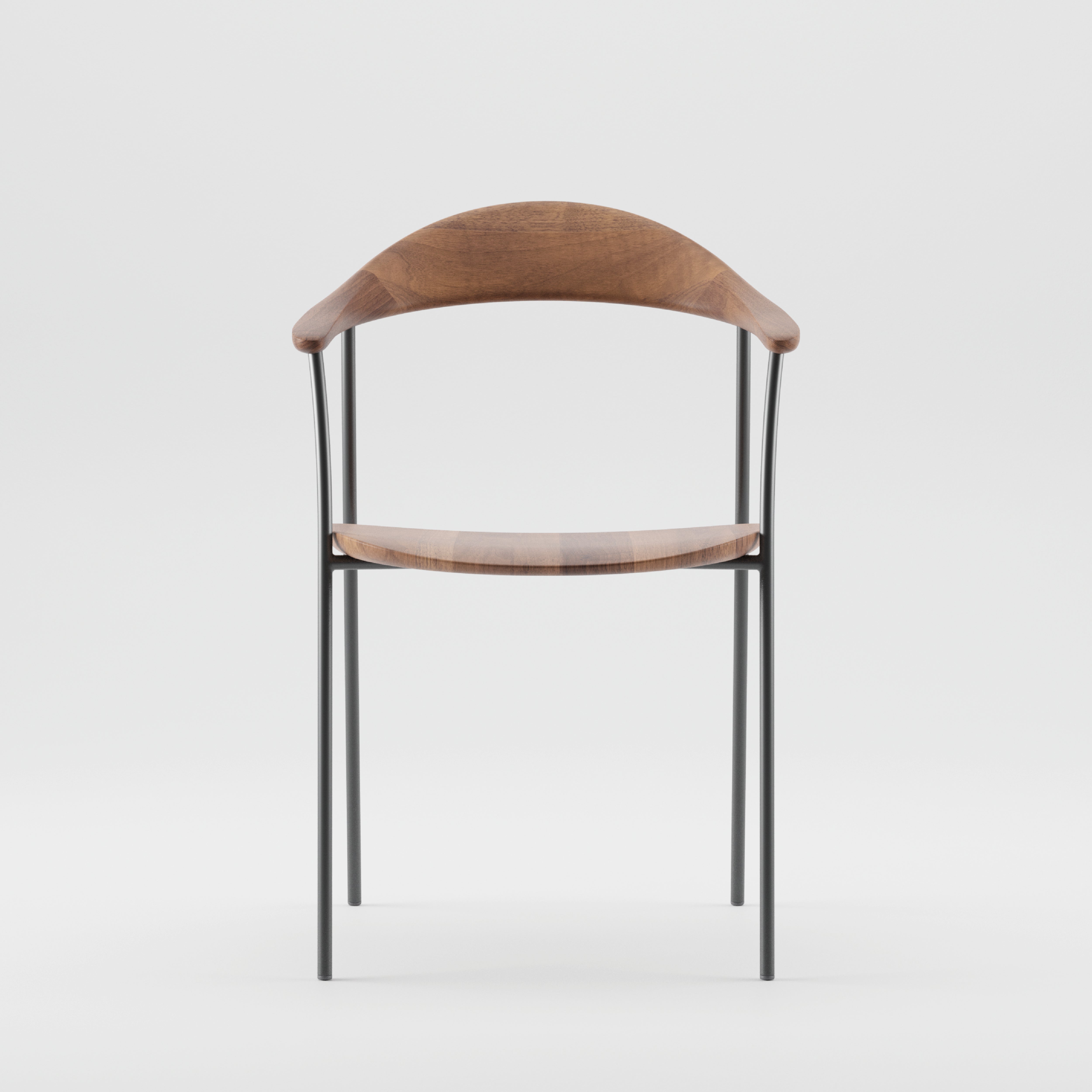 The NEVA contour chair by Artisan showcases a curved wooden backrest and seat, complemented by sleek black metal legs, set against a plain white background.