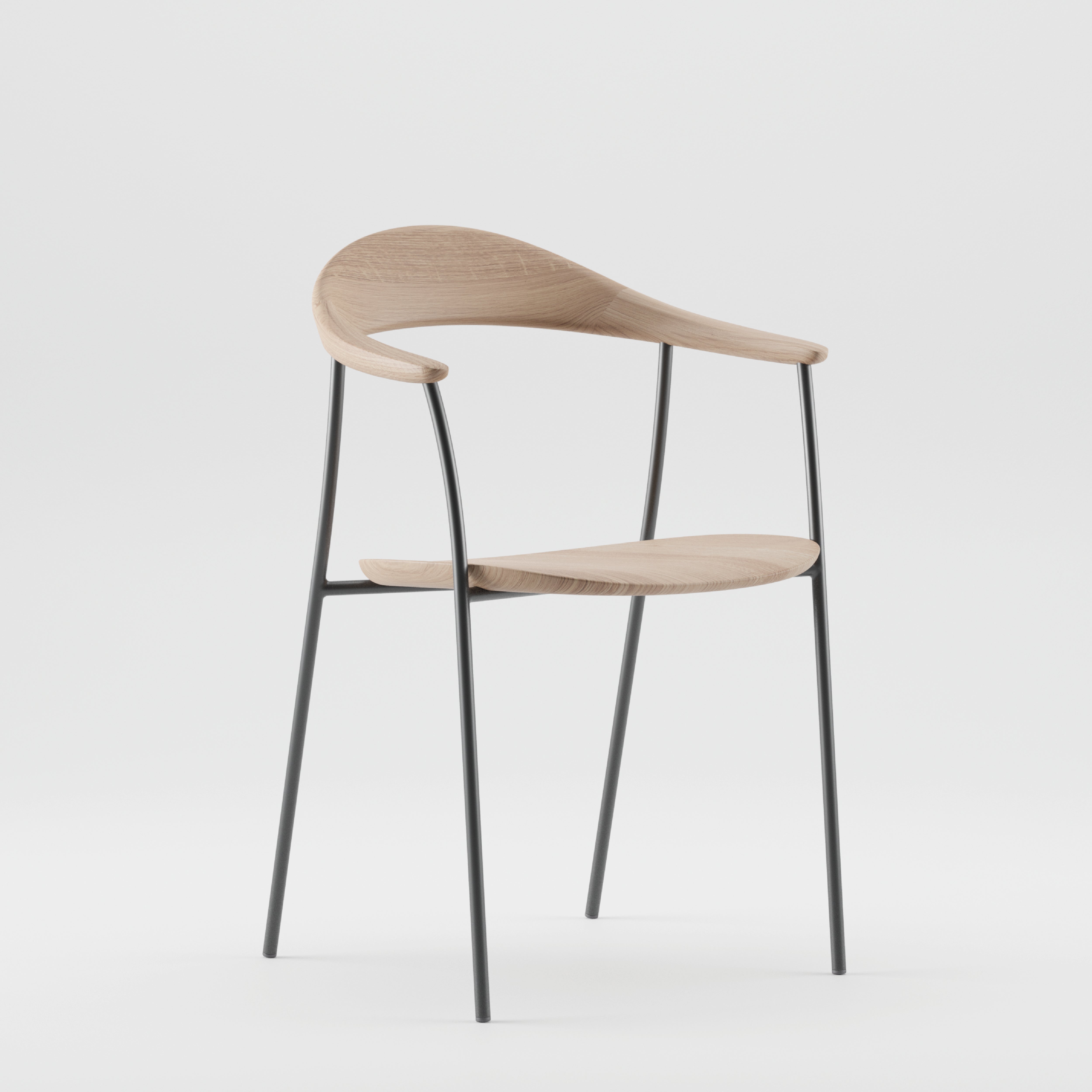 The NEVA contour chair from Artisan features a modern wooden design with a curved seat and backrest, complemented by sleek black metal legs and arms. Set against a white background, this artisanal piece epitomizes minimalist elegance.