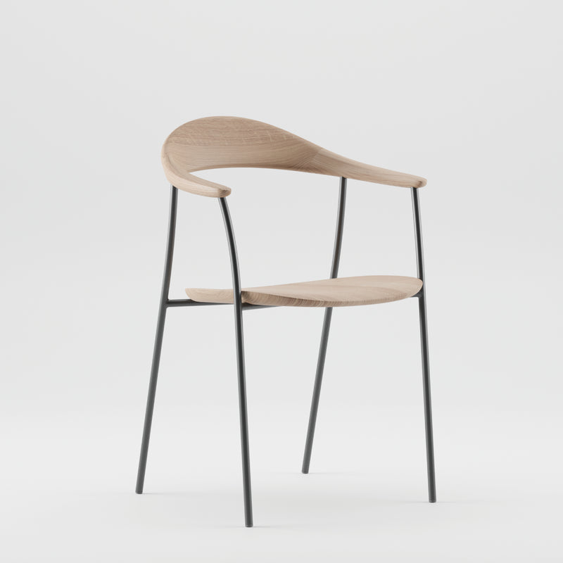 The NEVA contour chair from Artisan features a modern wooden design with a curved seat and backrest, complemented by sleek black metal legs and arms. Set against a white background, this artisanal piece epitomizes minimalist elegance.