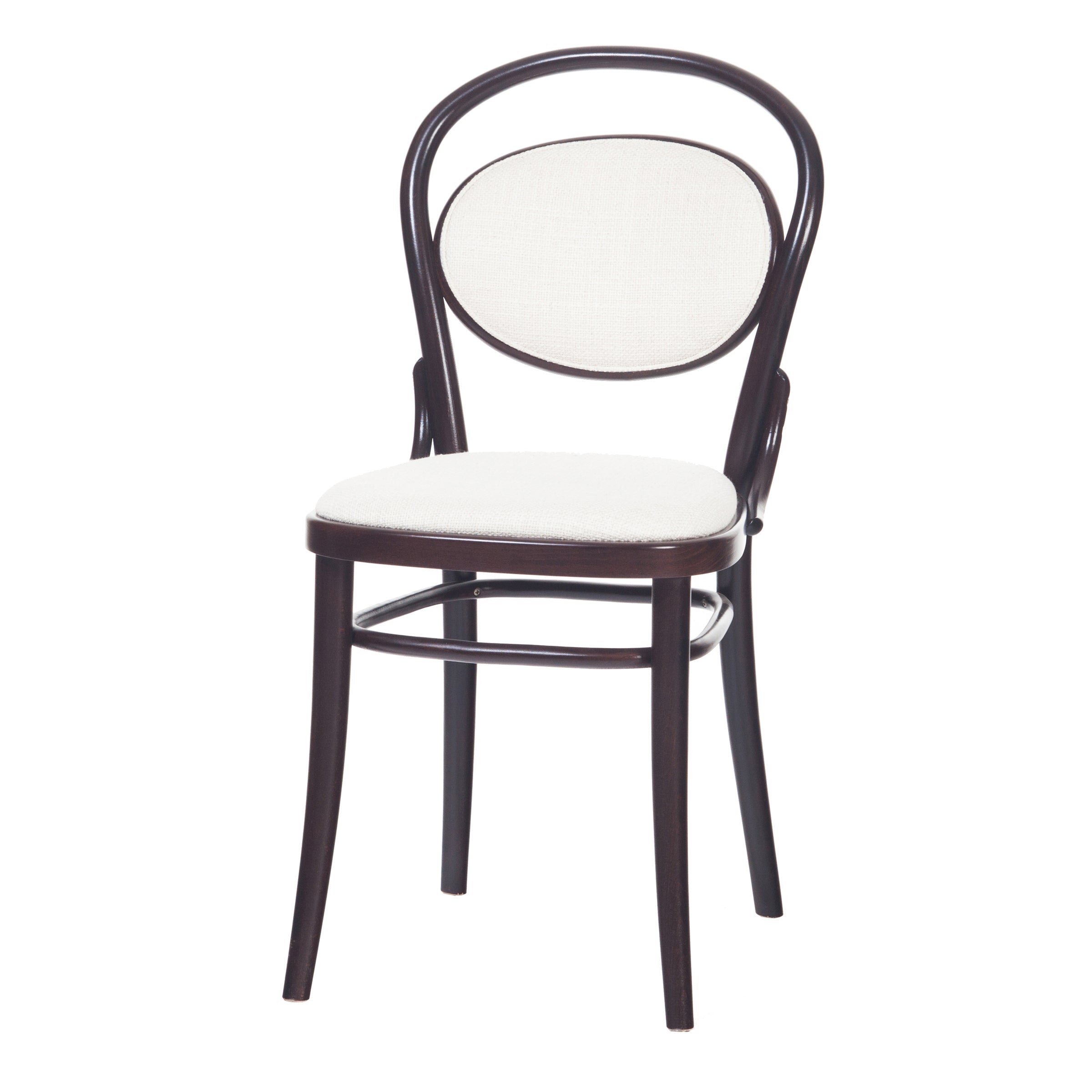 The Chair 20 - Upholstered by TON is a dark brown dining chair with an elegant design, featuring slender legs, a curved oval backrest, and light-colored upholstery.
