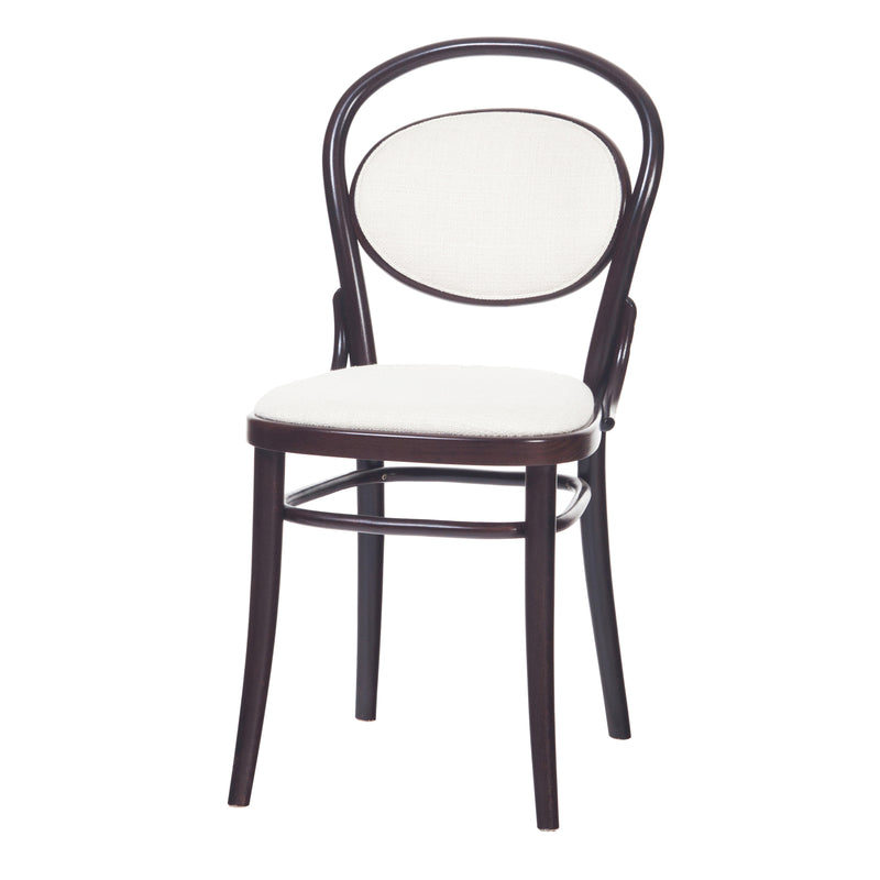 The Chair 20 - Upholstered by TON is a dark brown dining chair with an elegant design, featuring slender legs, a curved oval backrest, and light-colored upholstery.