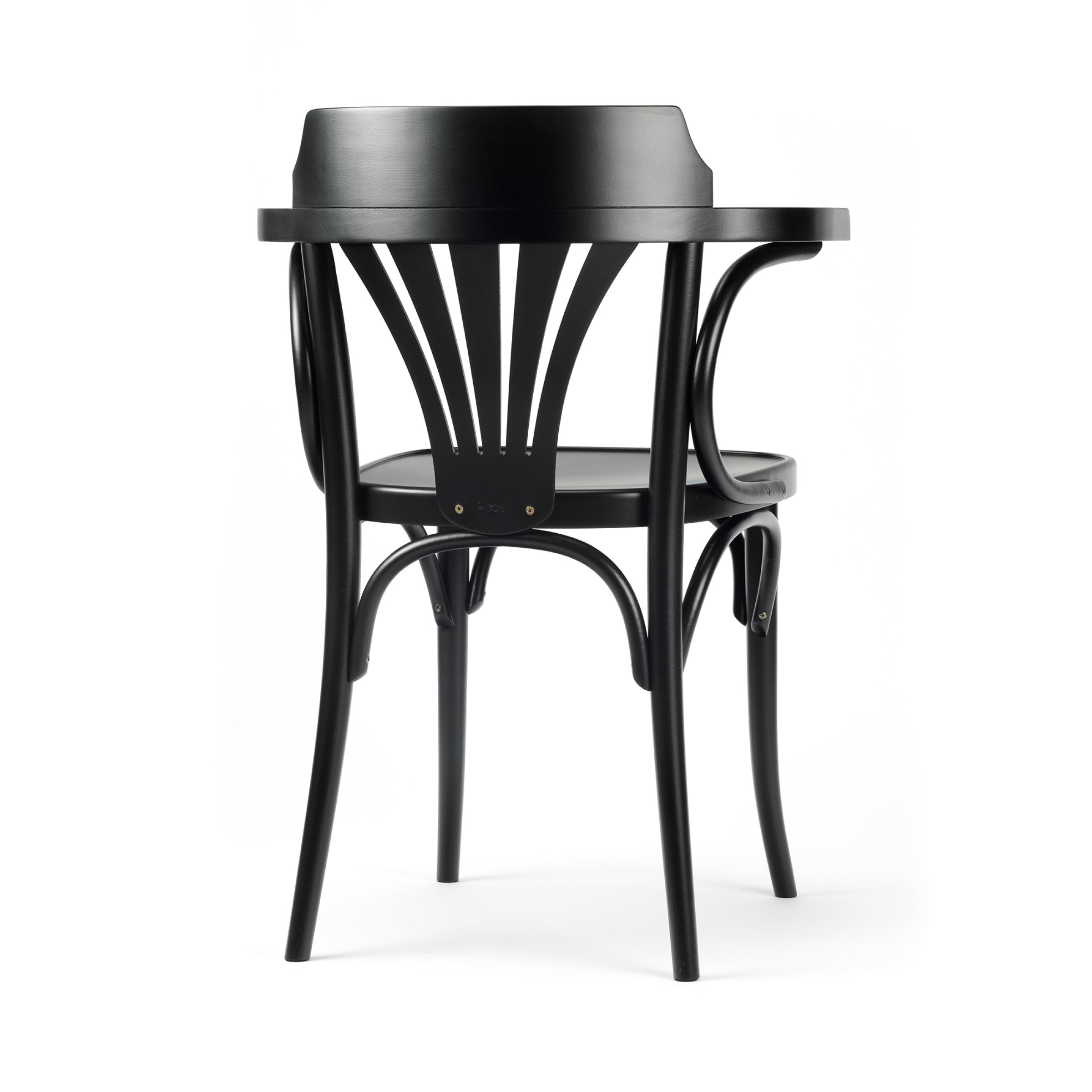 The Armchair 25 by TON is a black wooden chair featuring a fan backrest, splayed legs, vertical slats, and a solid seat, embodying classic sophistication.