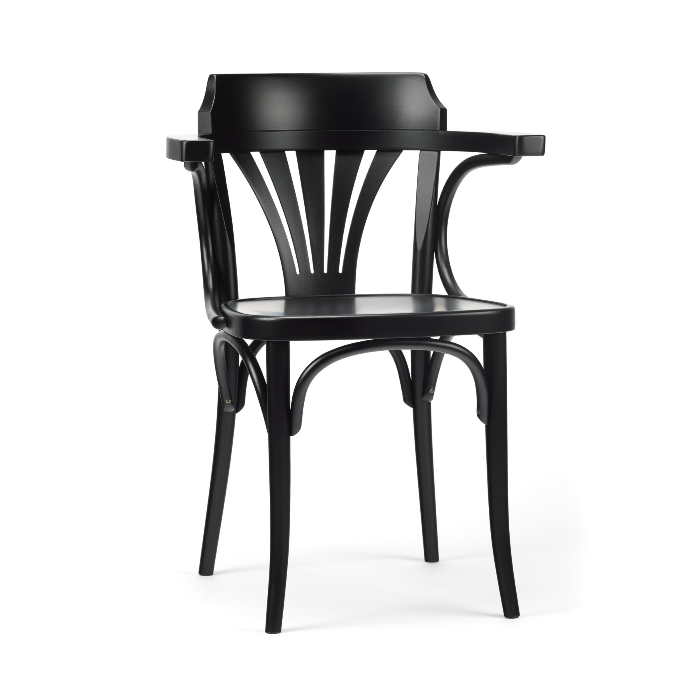 The Armchair 25 by TON is a traditional black wooden chair featuring a fan backrest with a slatted design and armrests. Slightly curved legs add elegance, while the smooth, flat seat and polished finish enhance its classic look.