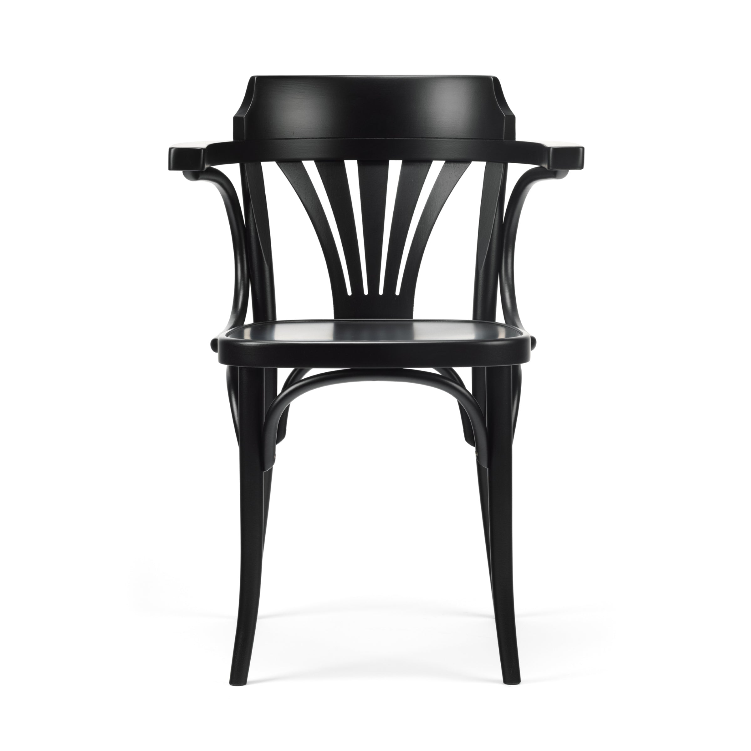 The Armchair 25 by TON is a black wooden chair with an elegant design, featuring a fan backrest and curved armrests. It has a smooth finish and sleek lines, blending modern style with classic traditional charm.