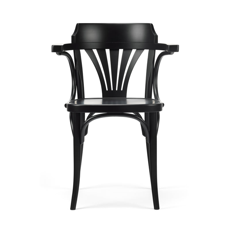 The Armchair 25 by TON is a black wooden chair with an elegant design, featuring a fan backrest and curved armrests. It has a smooth finish and sleek lines, blending modern style with classic traditional charm.