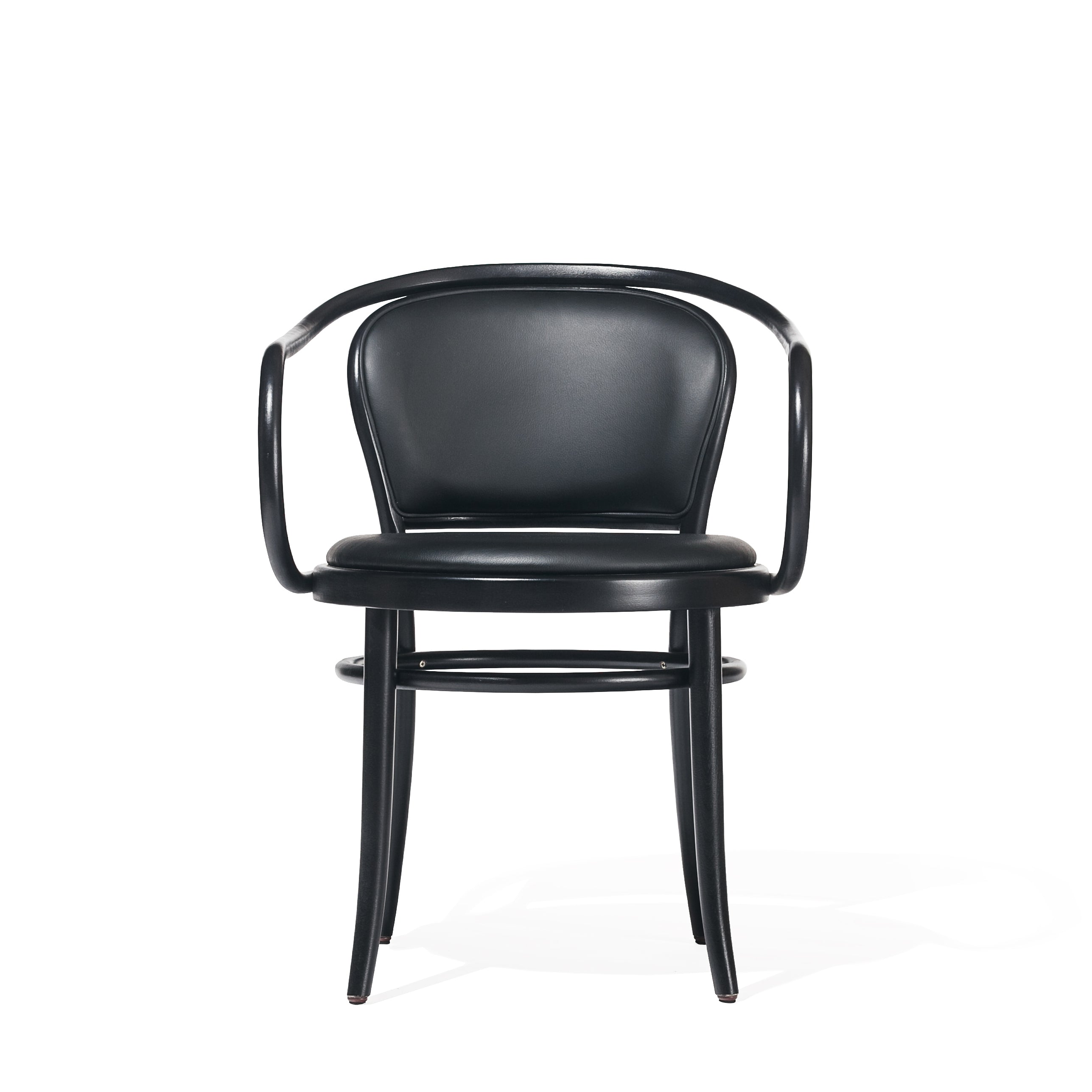 The Armchair 33 - Sale by TON is a modern, elegant piece featuring a sleek black design, curved backrest, comfortable armrests, smooth solid seat, and four sturdy legs.