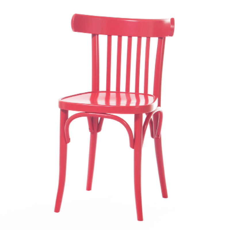 A vibrant red Chair 763 from TON, made of beech with vertical slats on the backrest and curved legs, stands against a plain white background—ideal for modern interiors.