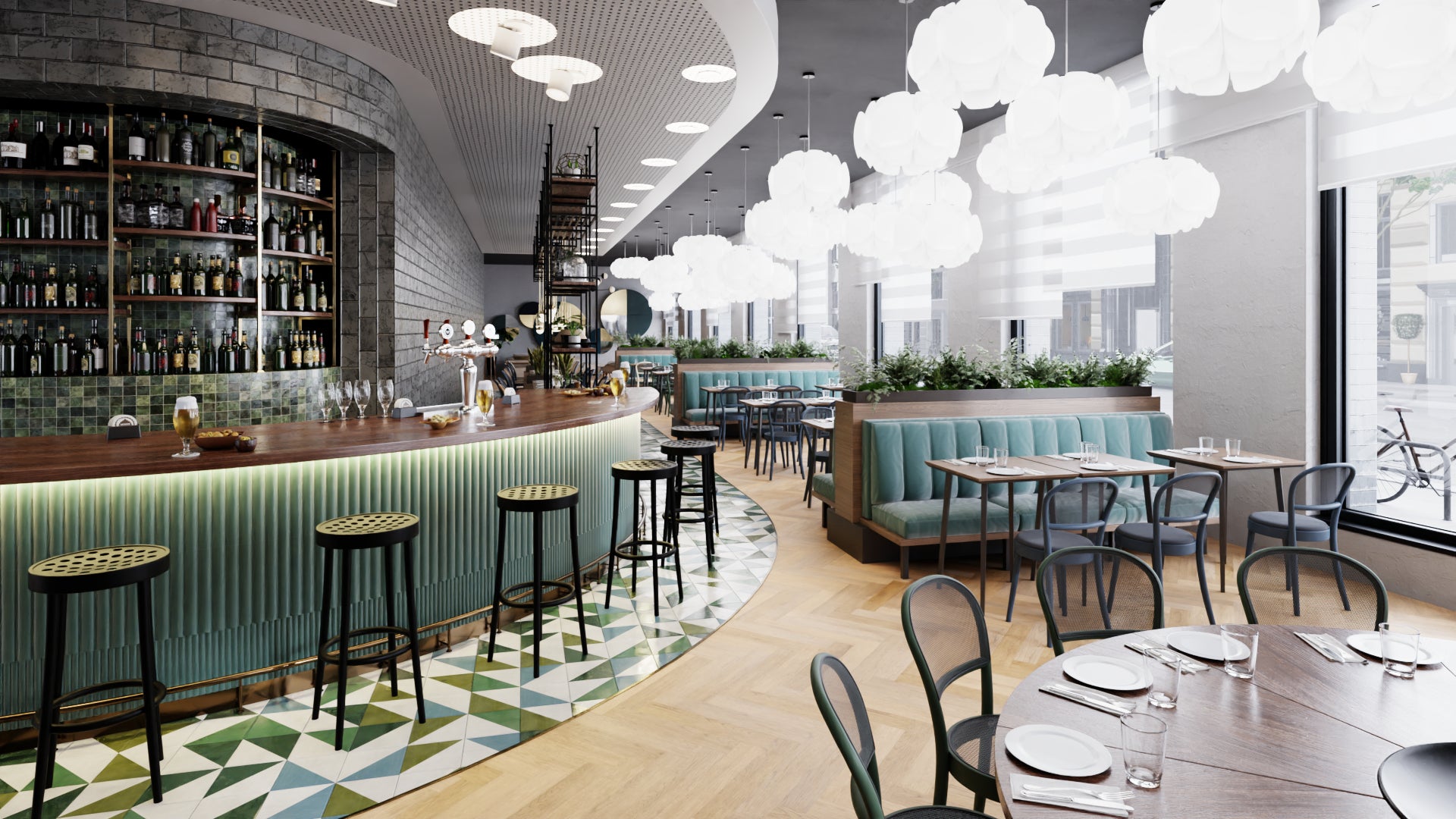 The modern restaurant interior features a curved bar with high stools, patterned floor tiles, round tables, and TON Chair 314 seating. Celebrated for its bentwood craftsmanship, it’s enhanced by soft lighting and hanging white globe lamps to embody contemporary design.